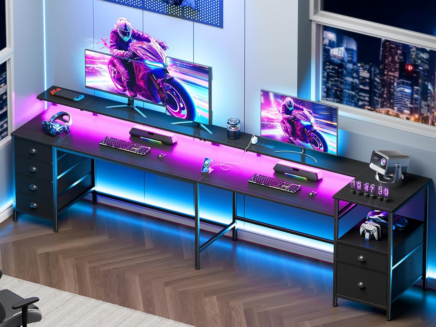 95'' 2 Person Gaming Desk/Double Desk with LED & 6 Drawer, Black | Two Person De