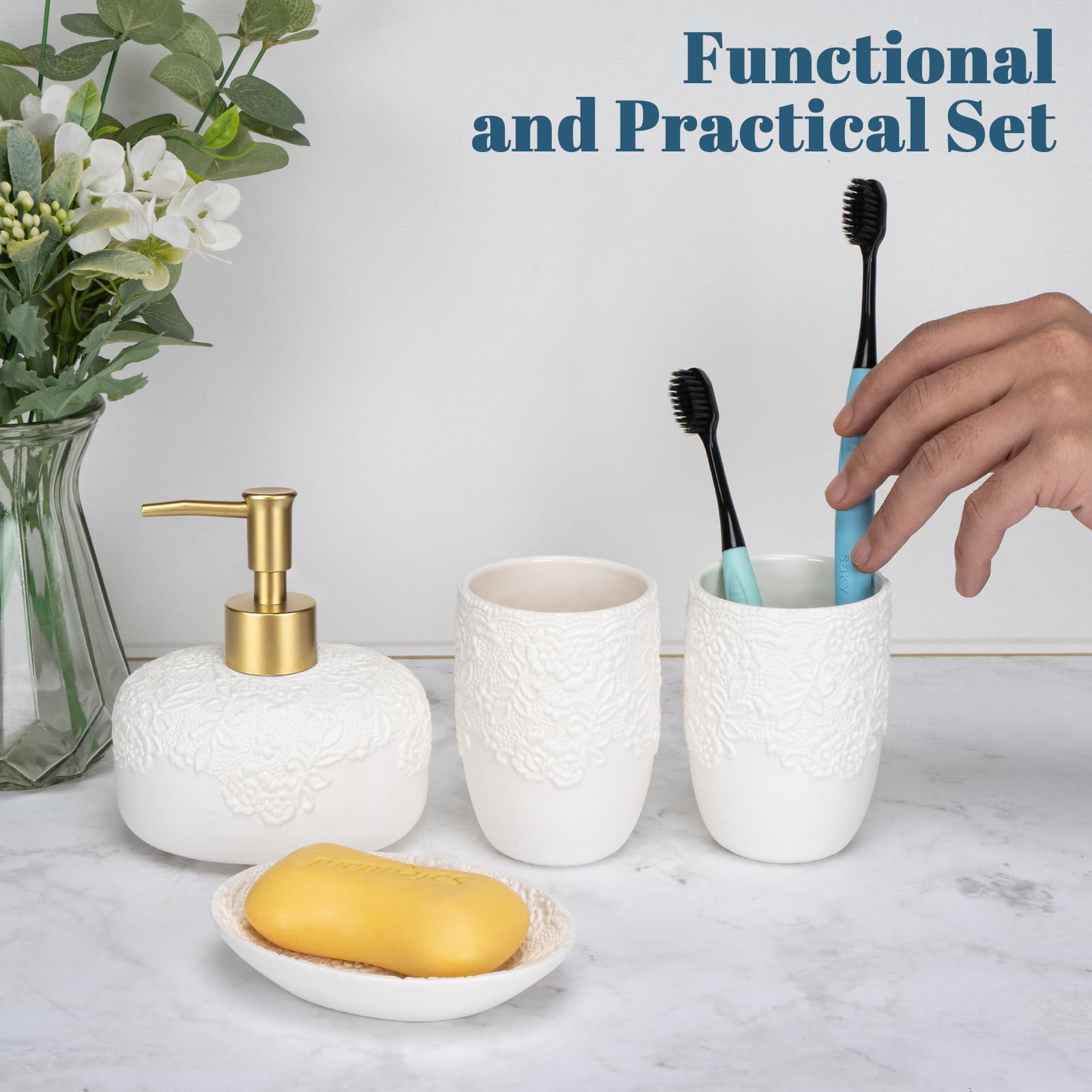 Bathroom Set, 4pcs Ceramic with Embossed Design Look Sets Bathroom Soap Dispe...