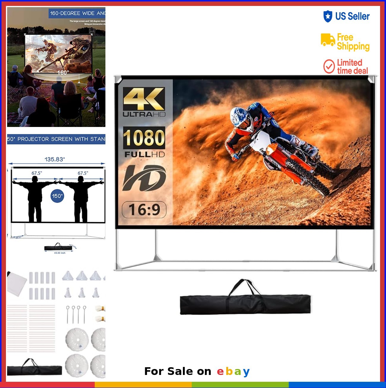 Projector Screen and Stand 150 Inch 16:9 4K HD Portable Outdoor Movie with