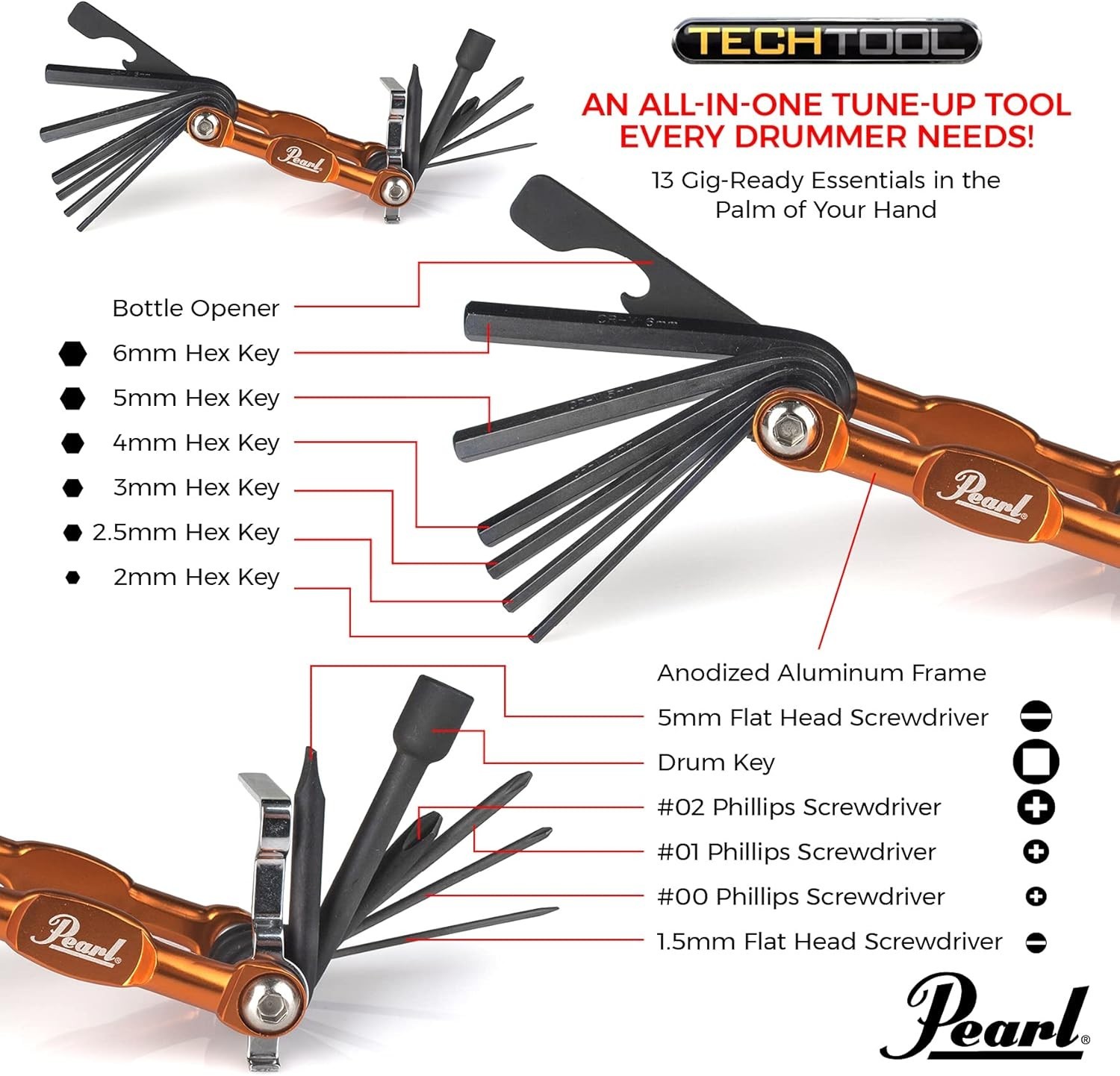 Pearl Tech Tool combination Drum Key and Drum Set Multi-Tool with five