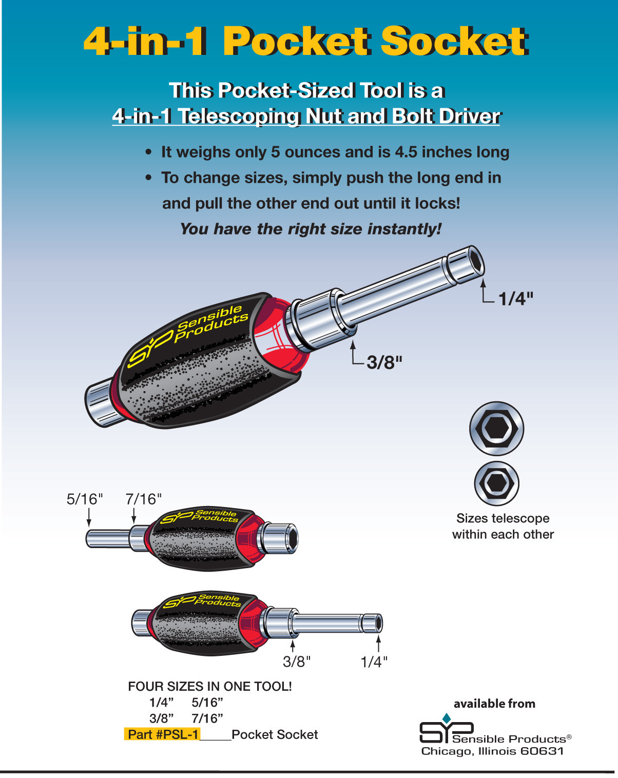 Unique 4 in 1 Pocket Socket Nut Screwdriver Type Tool Driver PSL-1