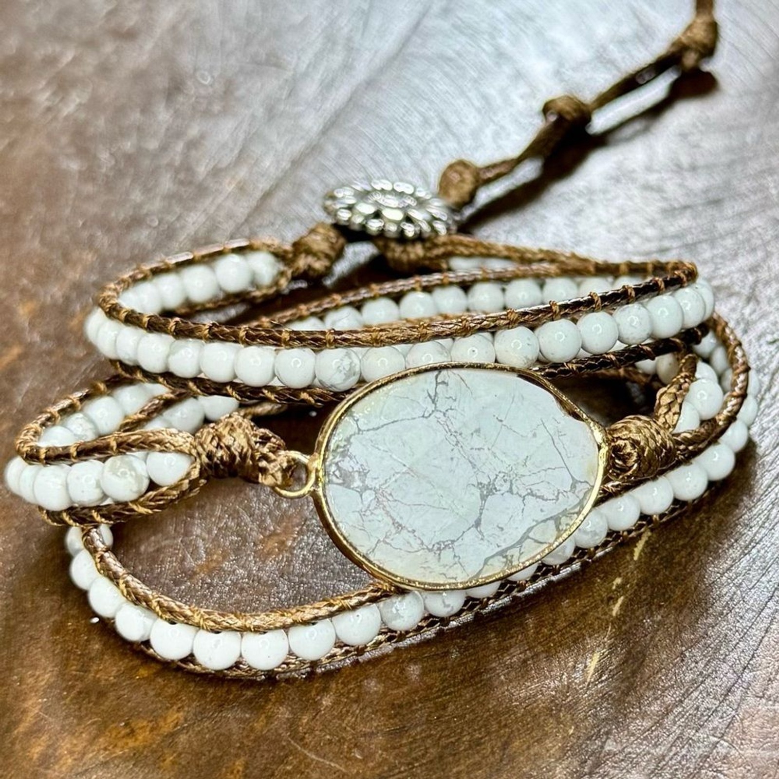 White & Gray Marbled Beads with Golden Brown Wrap Bracelet or Necklace