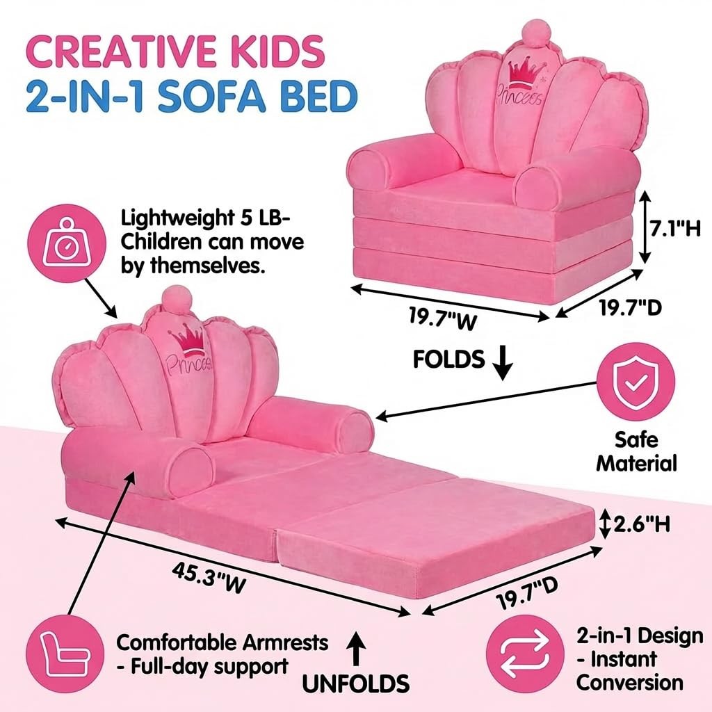 Pink Princess Toddler Couch, 2-in-1 Foldable Sofa Bed & Chair for Kids 1-5, S...