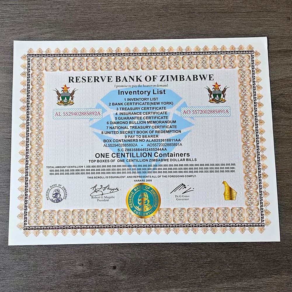 1pcs Zimbabwe One Centillion Containers Banknote Certificate Collection Gift