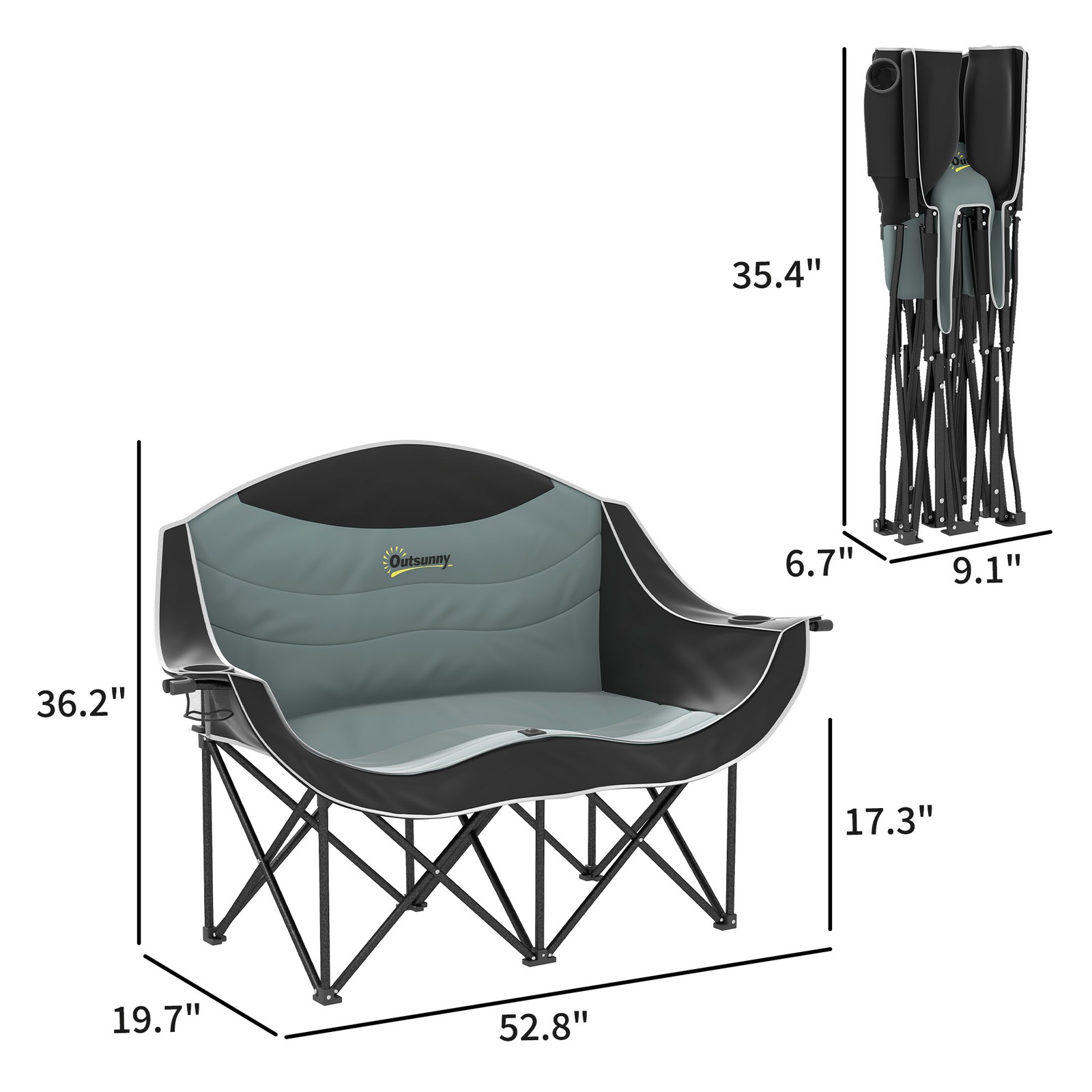 Double Camping Chair for Adults, Padded Folding Camp Chair, Black