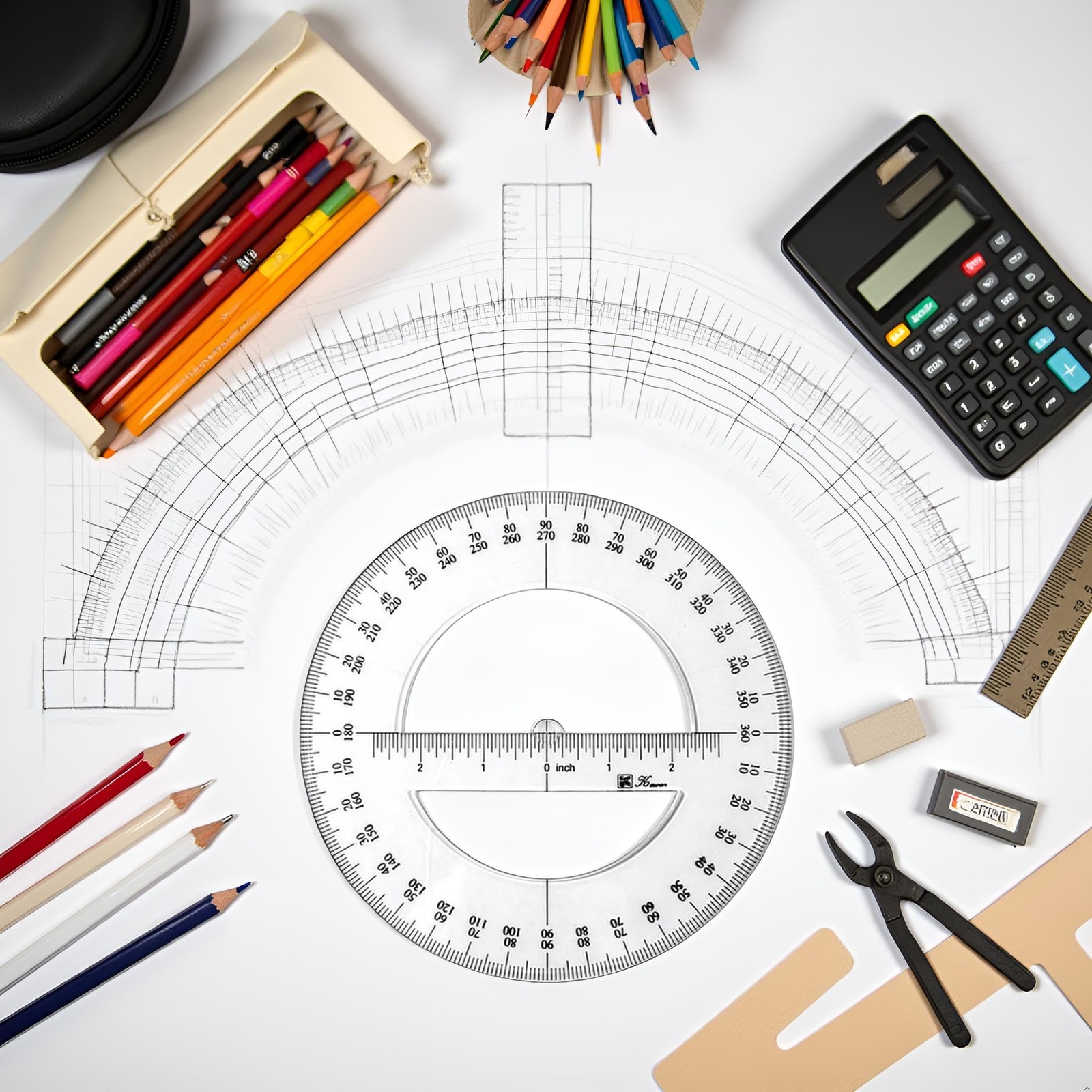 White 360 Degree Protractor Round Ruler Gauge Angular Drafting Tools Circle P...