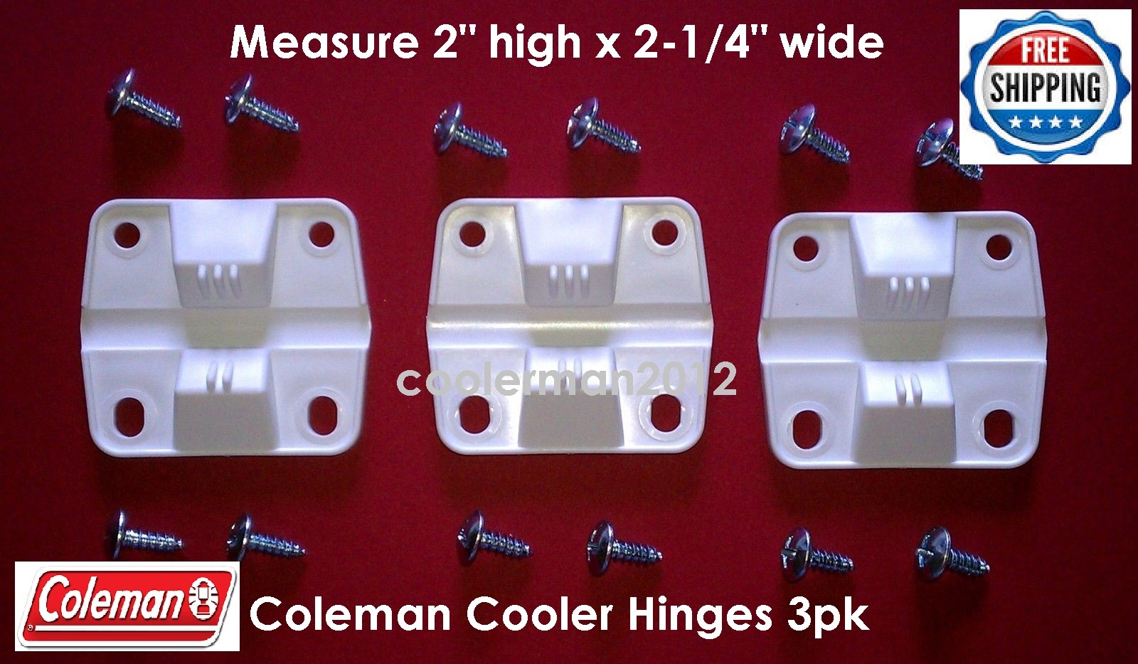 3 PK PLASTIC NEW GENUINE COLEMAN COOLER 3 HINGES 12 SCREWS #5256-1851