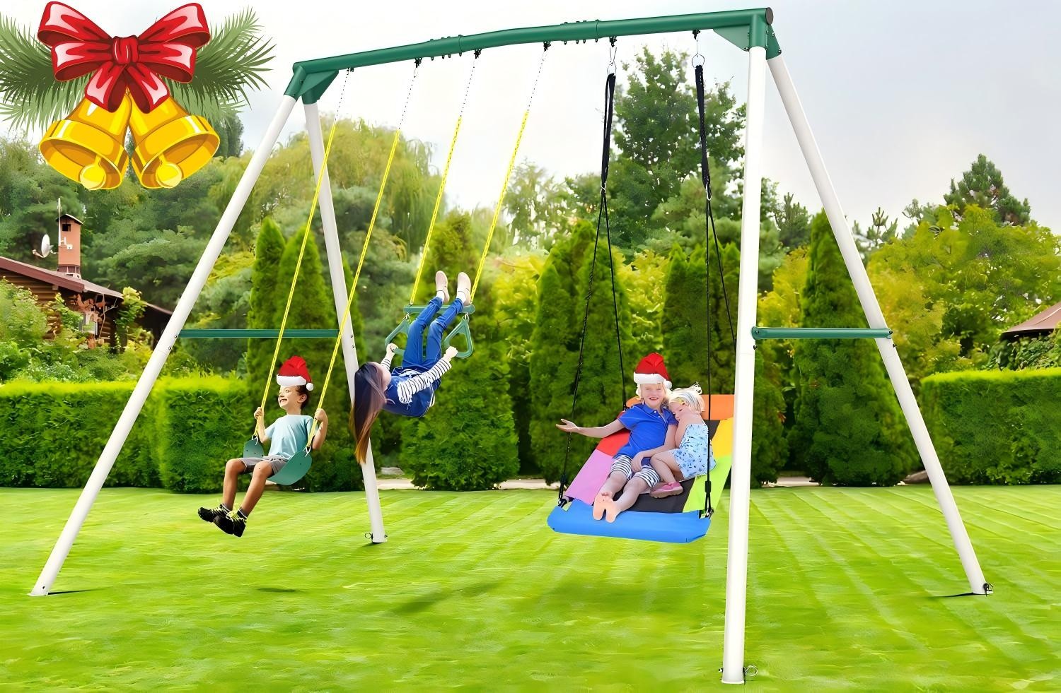 Hapfan 9.5ft Tall Heavy Duty Metal Swing Set Outdoor with 3 Swings & Trapeze Bar