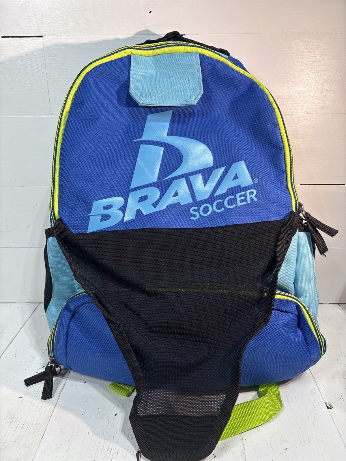 Brava Soccer Backpack Blue Green Ball Holder Mesh Pockets Padded Straps Bag