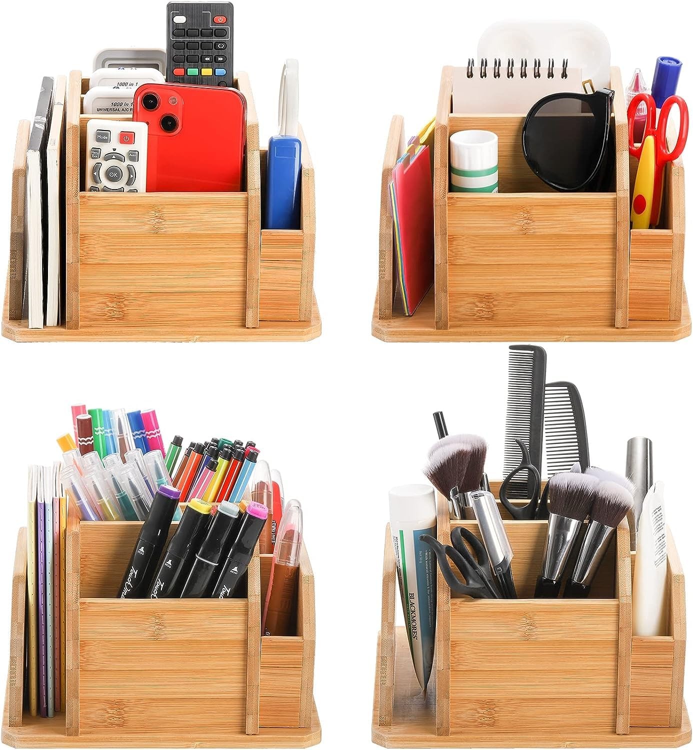 Bamboo Rotating Remote Control Holder for Table 7 Compartments Office Supplies