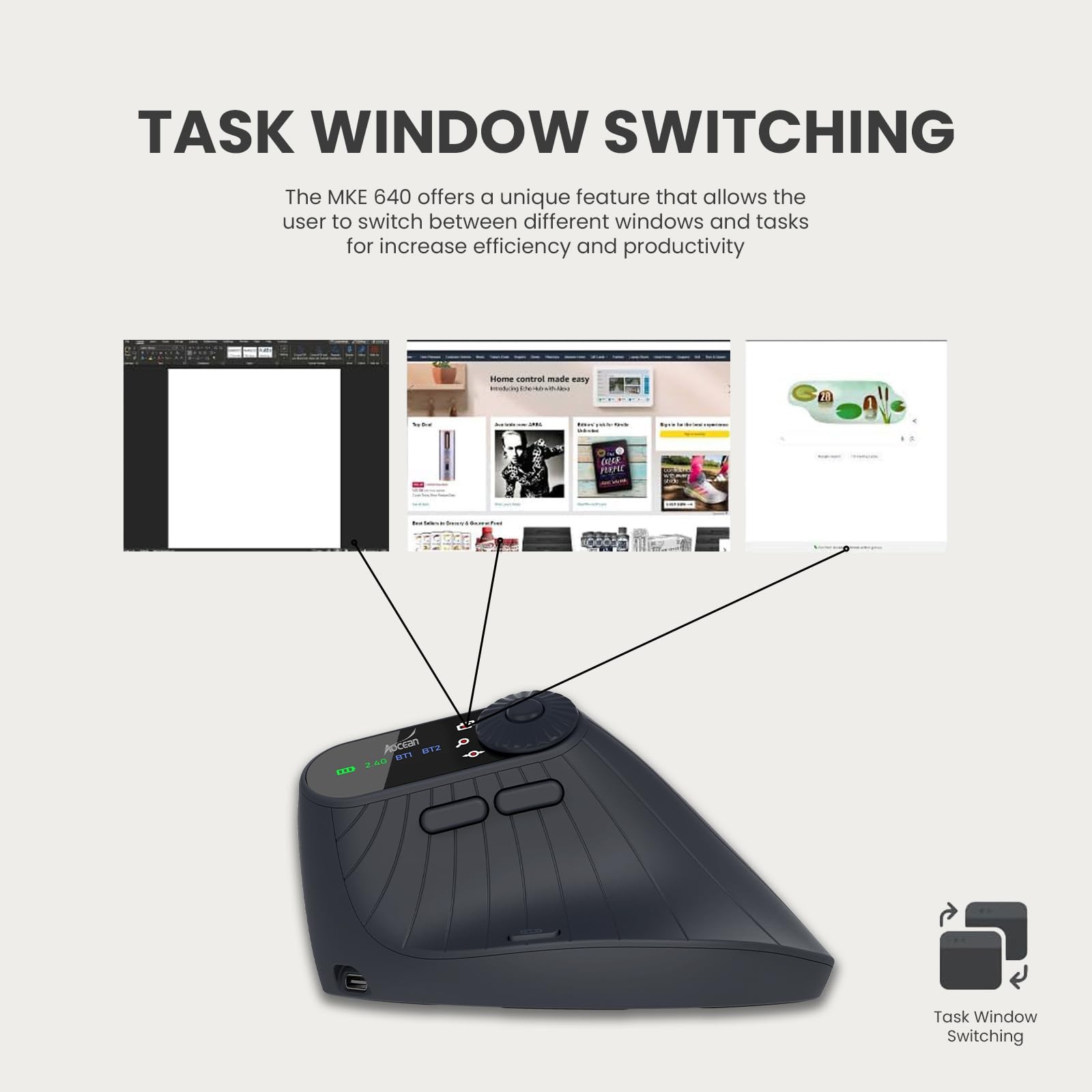 Vertical Ergonomic Mouse 2.4G Wireless Bluetooth Task Window Switching Black