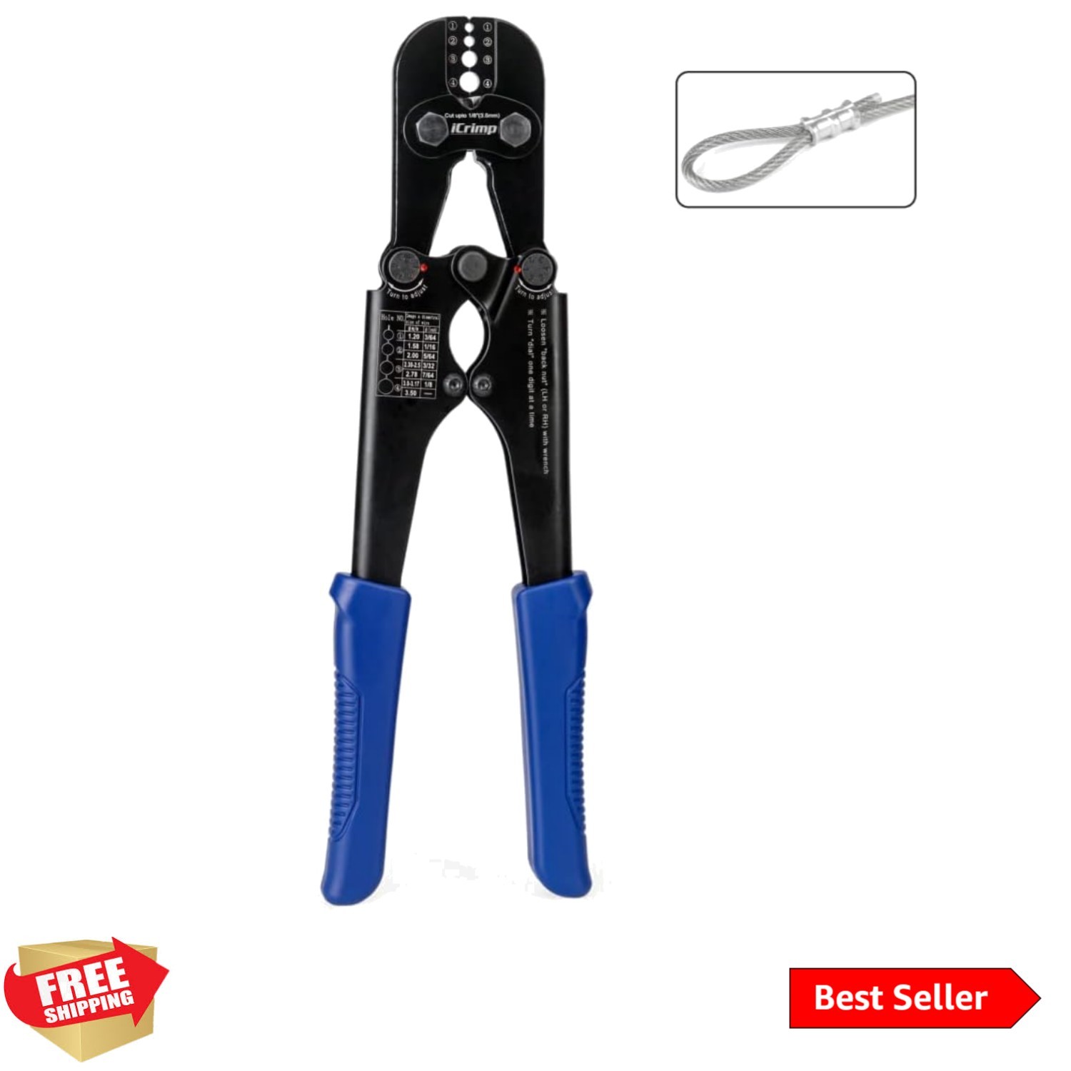 iCrimp Crimping Tool with Carbon Steel Build and Multi-Cavity Grooves, 3/64-1/8