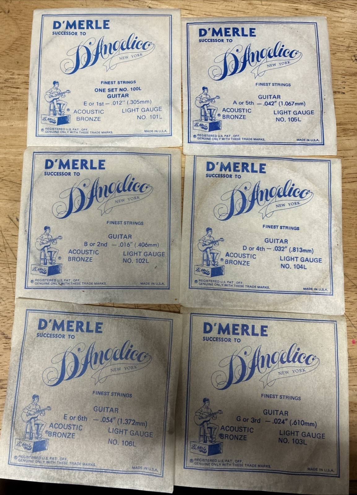 Vintage Lot  6 D'MERLE Successor to D'Angelico Assorted Guitar Strings
