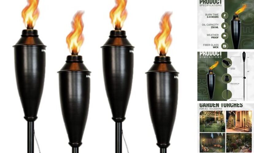 Garden Torches for Outside - Deco Home Pack of 4 Metal Garden Torches Black 60"