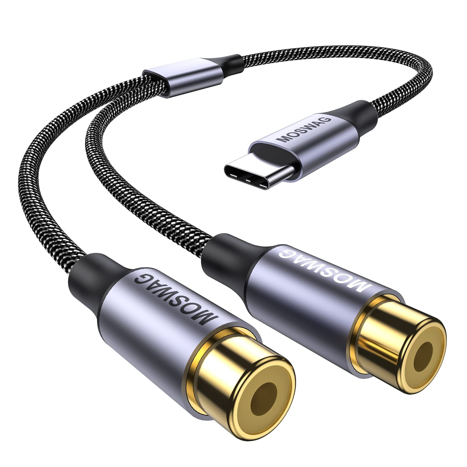 MOSWAG USB C to Dual RCA Stereo Aux Cord Cable Compatible with 1 Pack, Black