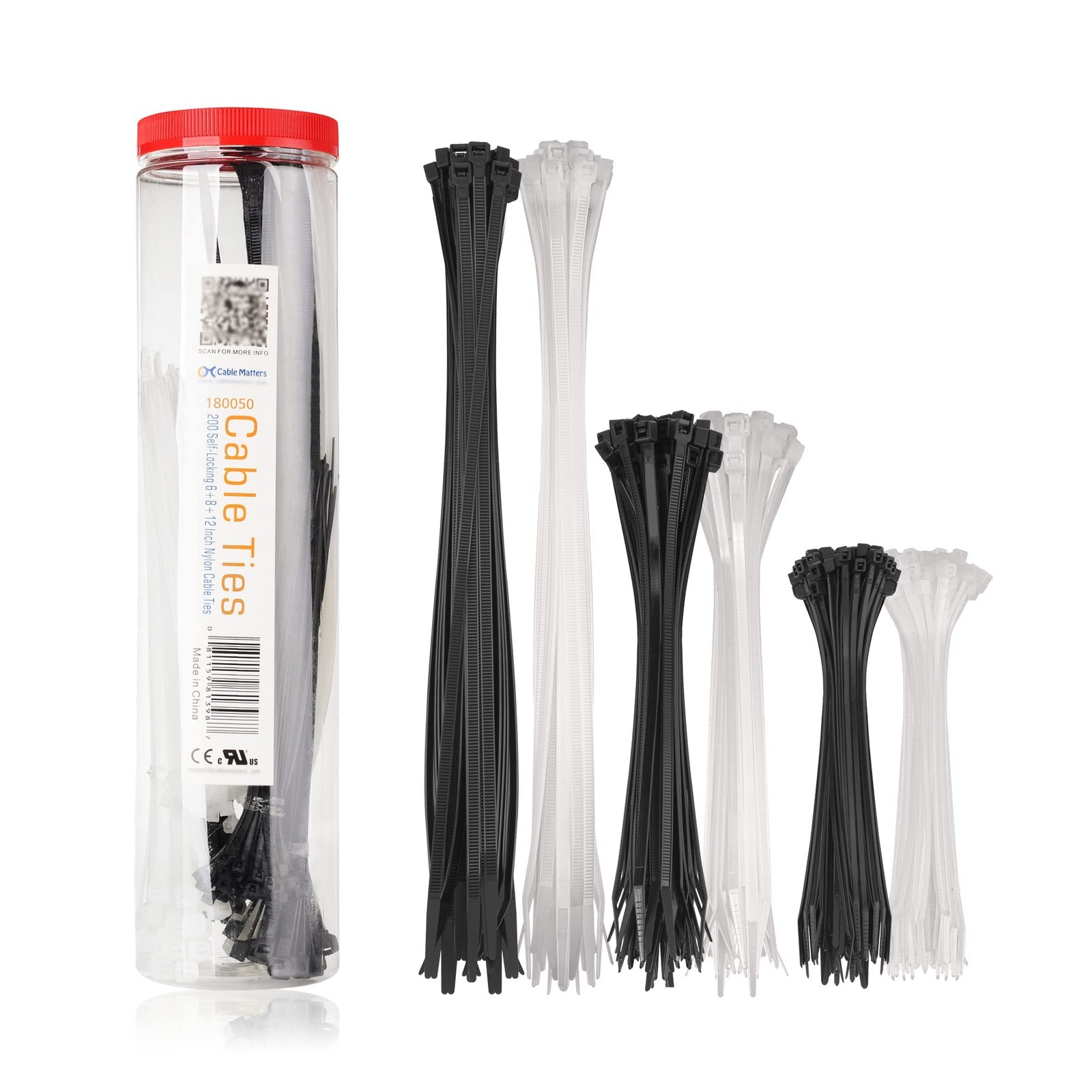 200 Pack Cable Ties Assorted Sizes Black White Nylon Zip Ties Heavy Duty