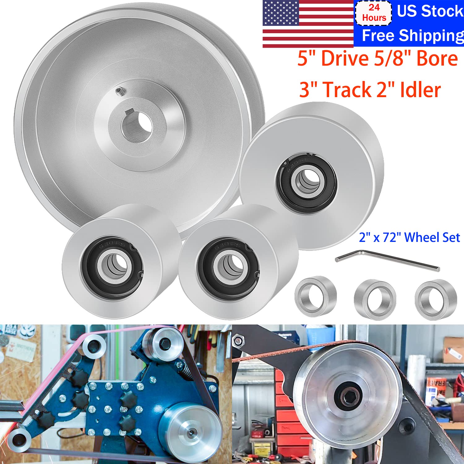 Belt Grinder 2"x72" Wheel Set for Knife Grinder 5 Drive 5/8 Bore 3 Track 2 Idler
