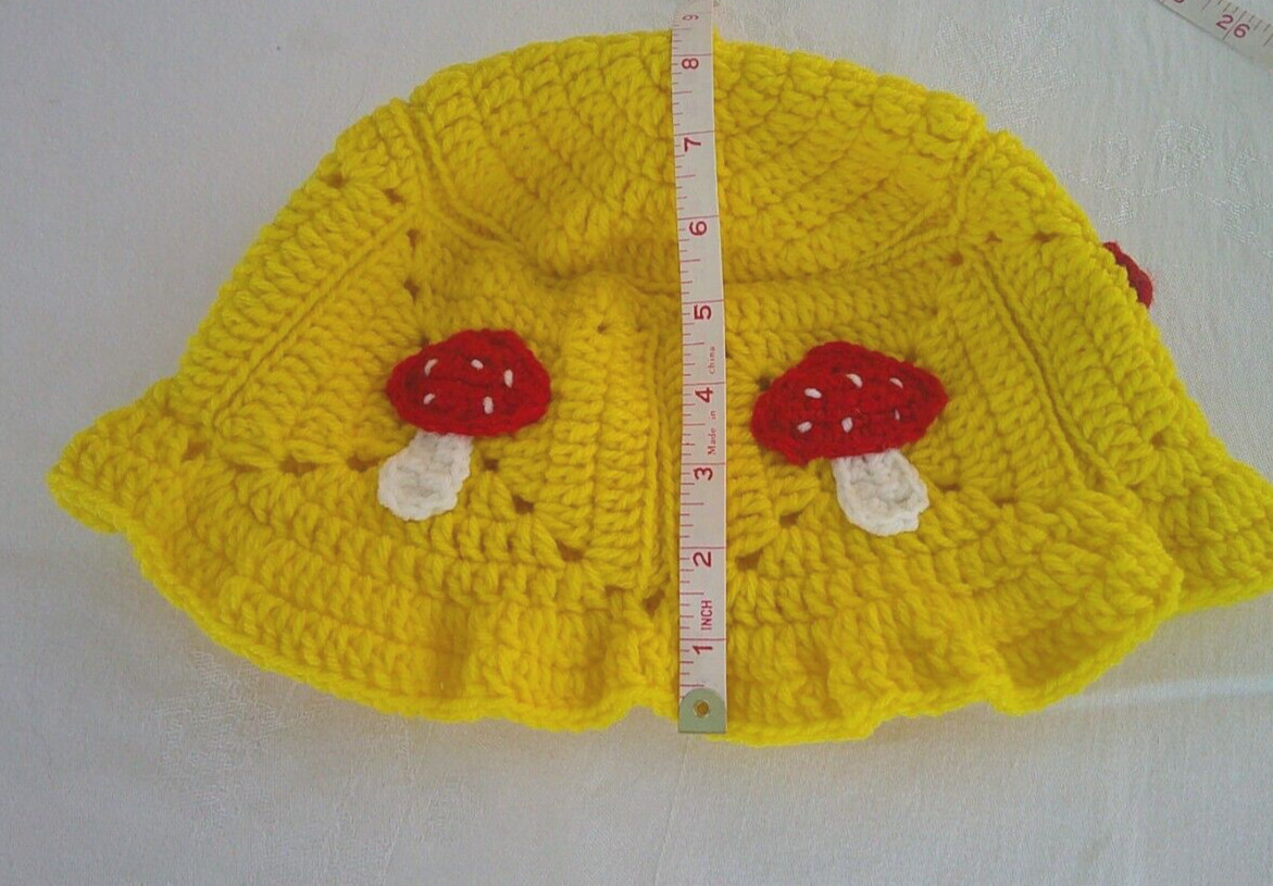 Mushroom Wide Brim Yellow Bucket Hat Crocheted Acrylic/Cotton Handcrafted New