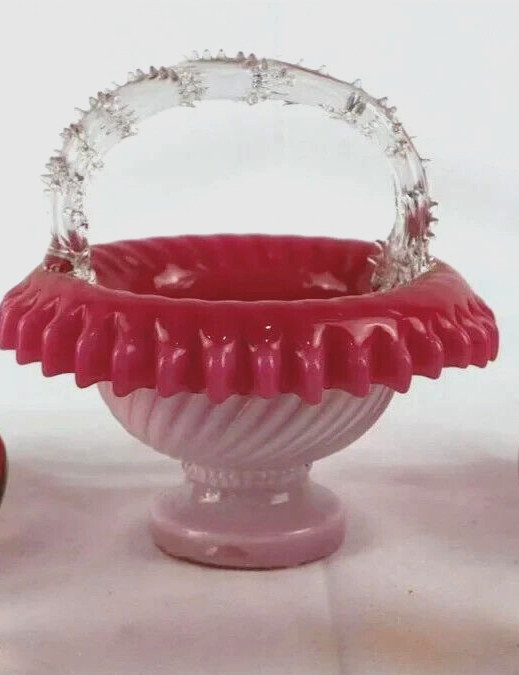 Stevens & Willliams Cranberry Pink On White Glass Basket ~ Thorned Handle ~