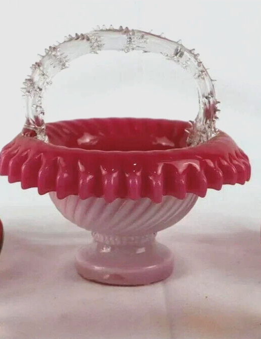 Stevens & Willliams Cranberry Pink On White Glass Basket ~ Thorned Handle ~