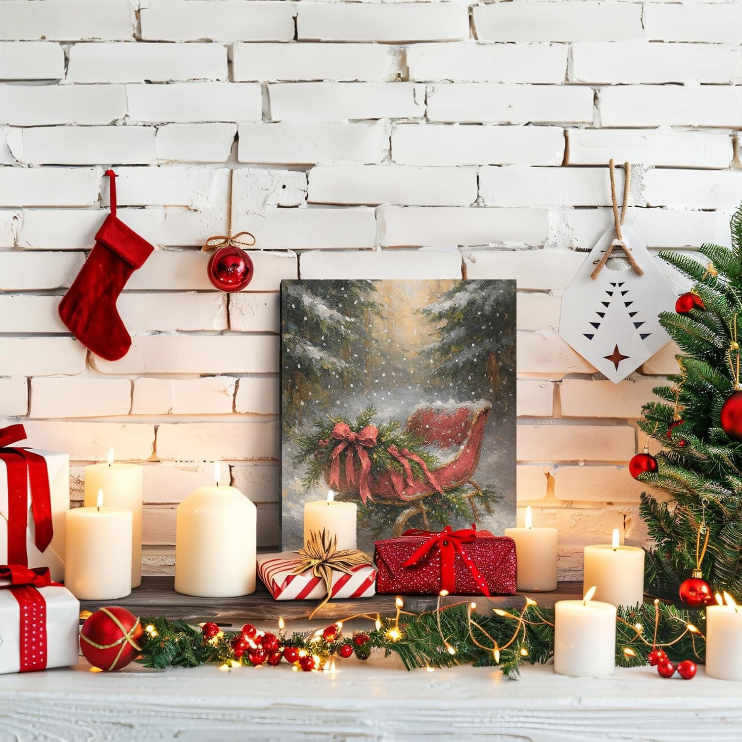 FISWAFY Vintage Christmas Red Sleigh Framed Canvas Wall Art Decor,