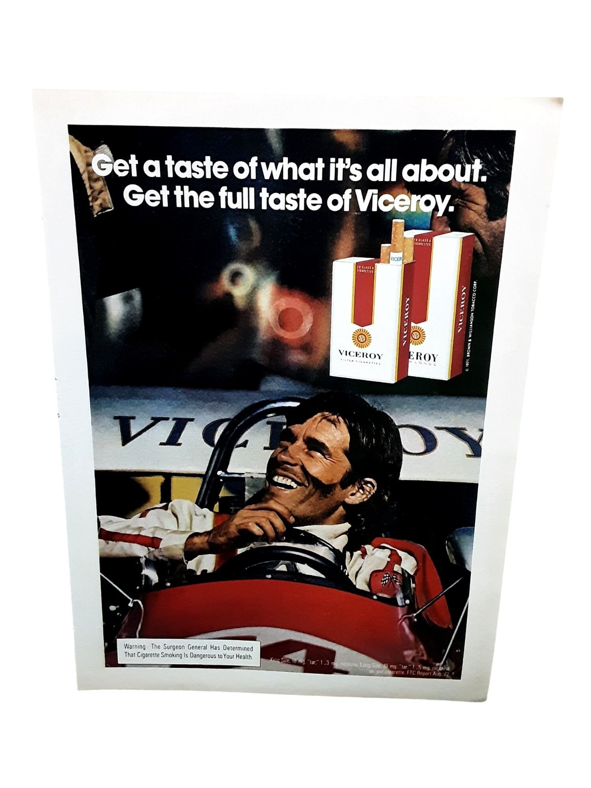 Vintage 1973 Viceroy Cigarettes Advertising Print Ad Racing Theme