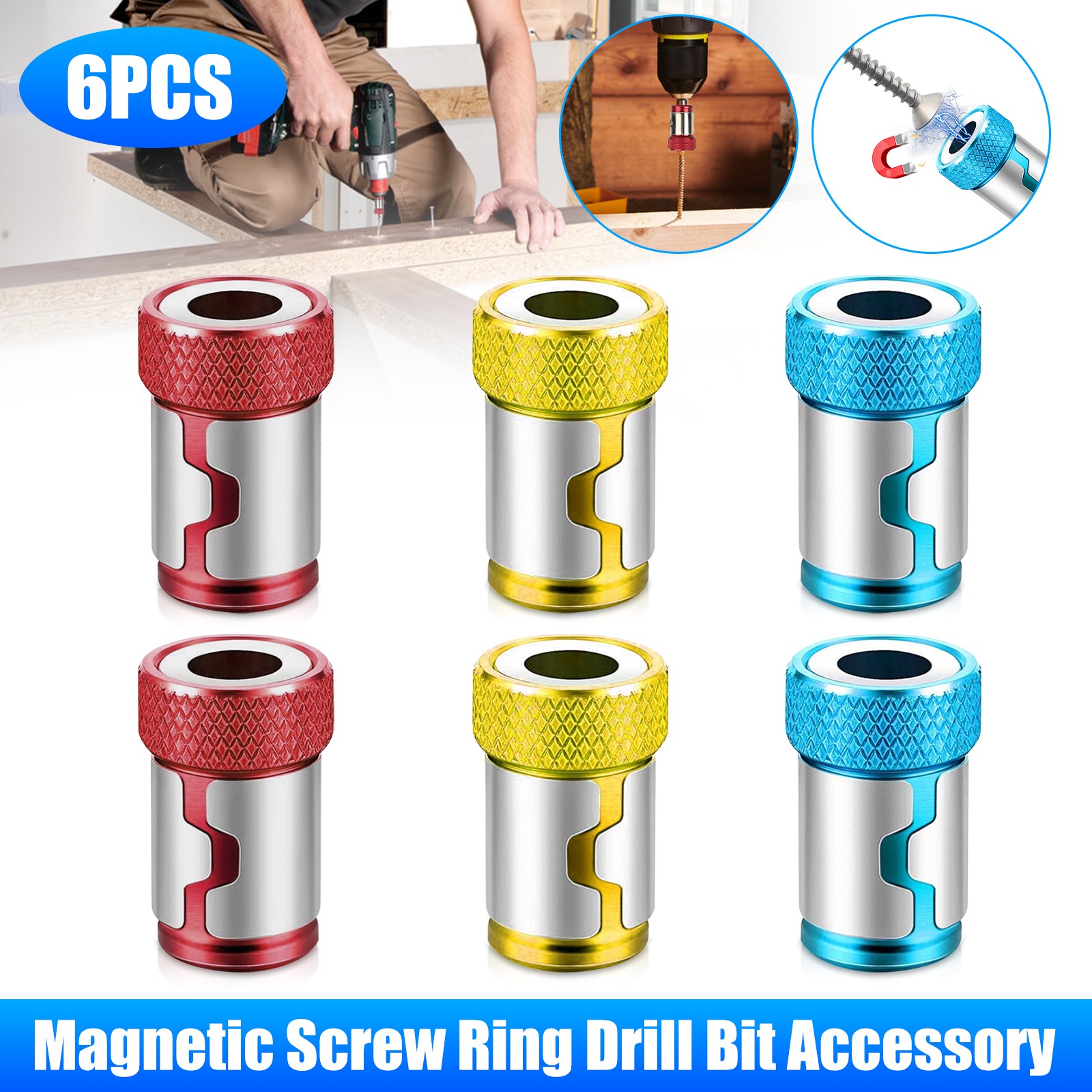 6pcs Strong Magnetic Screw Holder Metal Ring 6.35mm Shank Screwdriver Drill Bit