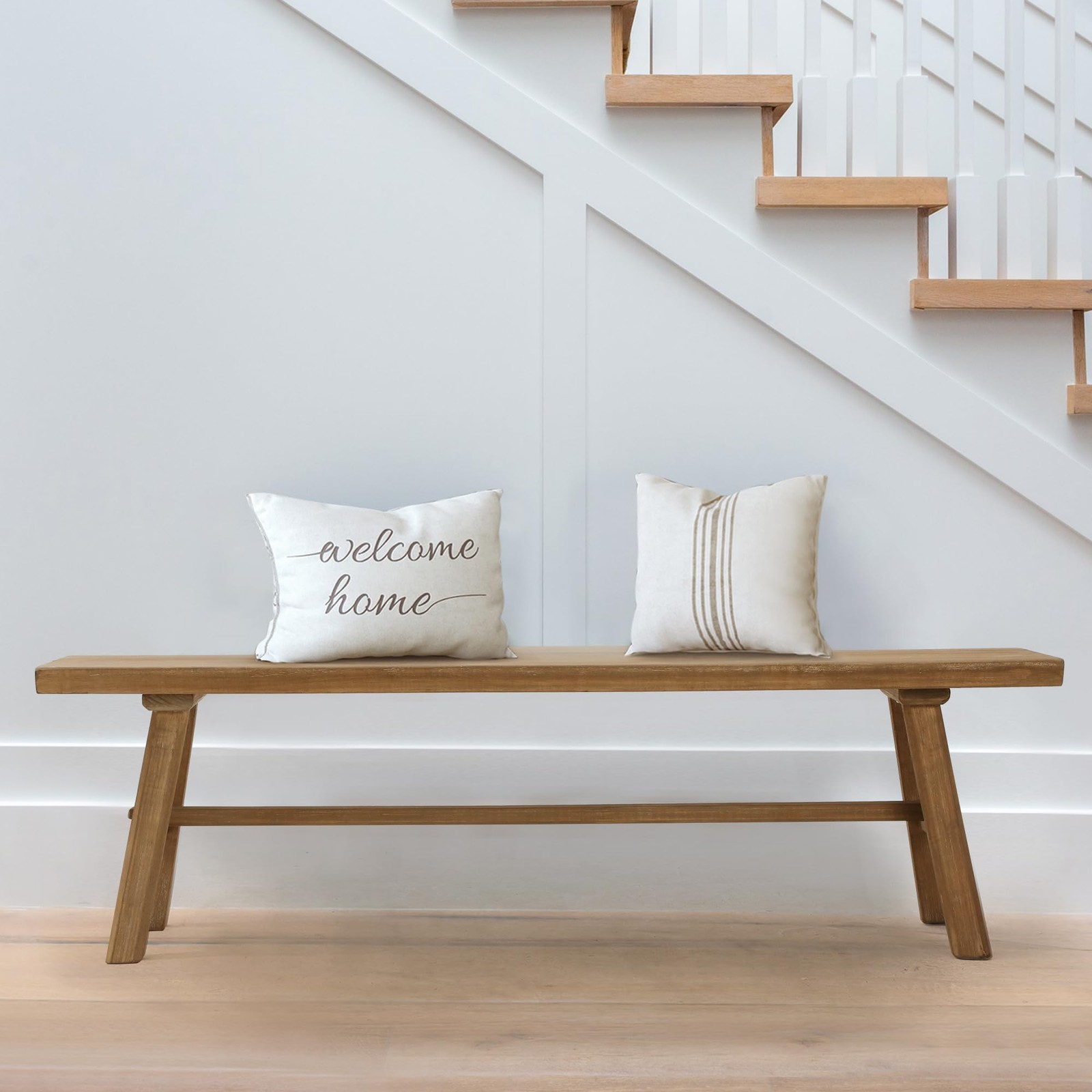 55 Inch Farmhouse Solid Wood Bench Rustic Dining Entryway Natural Easy Assembly