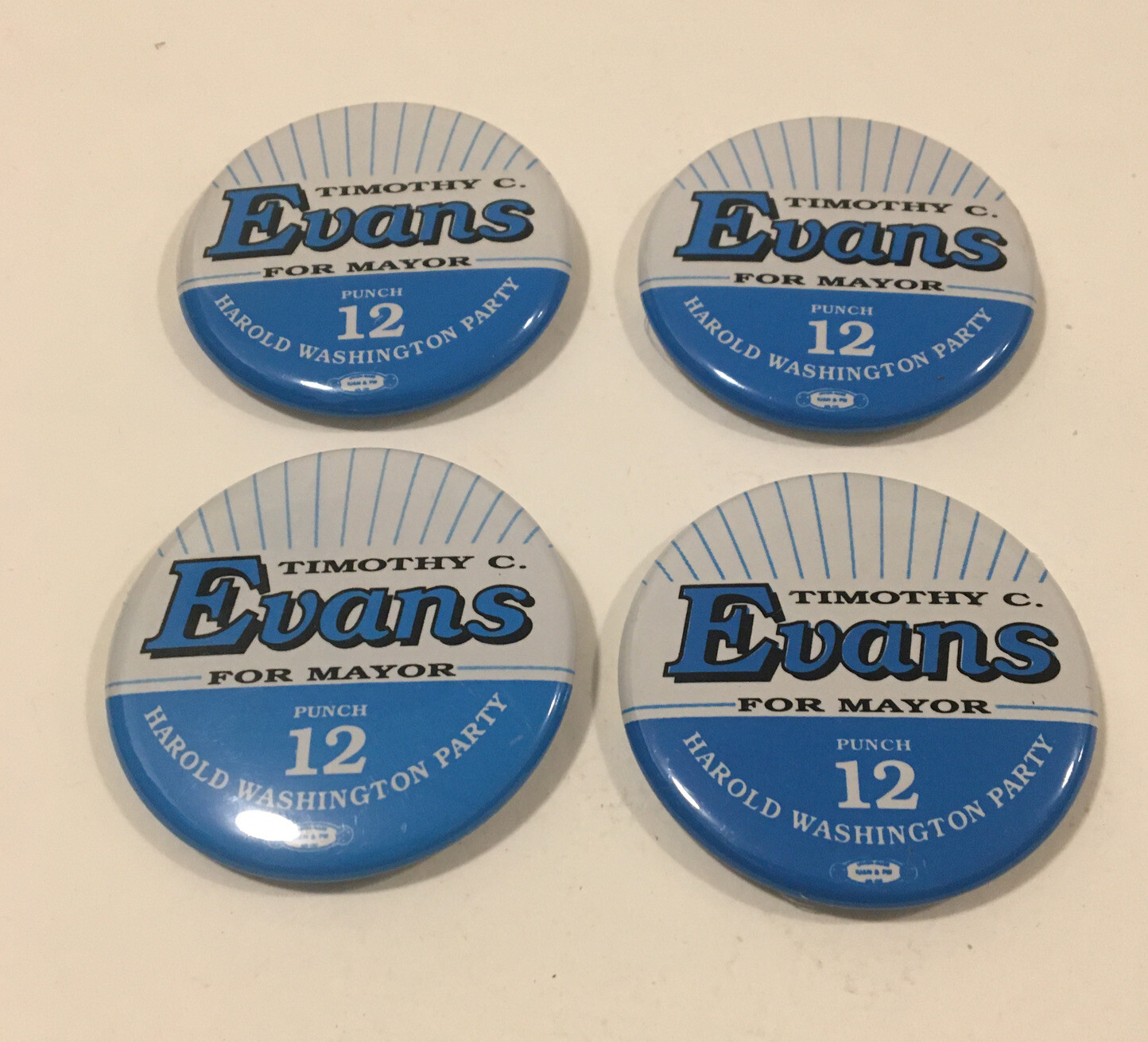 4 Timothy C. Evans For Mayor Punch 12 Harold Washington Party Chicago Button Pin