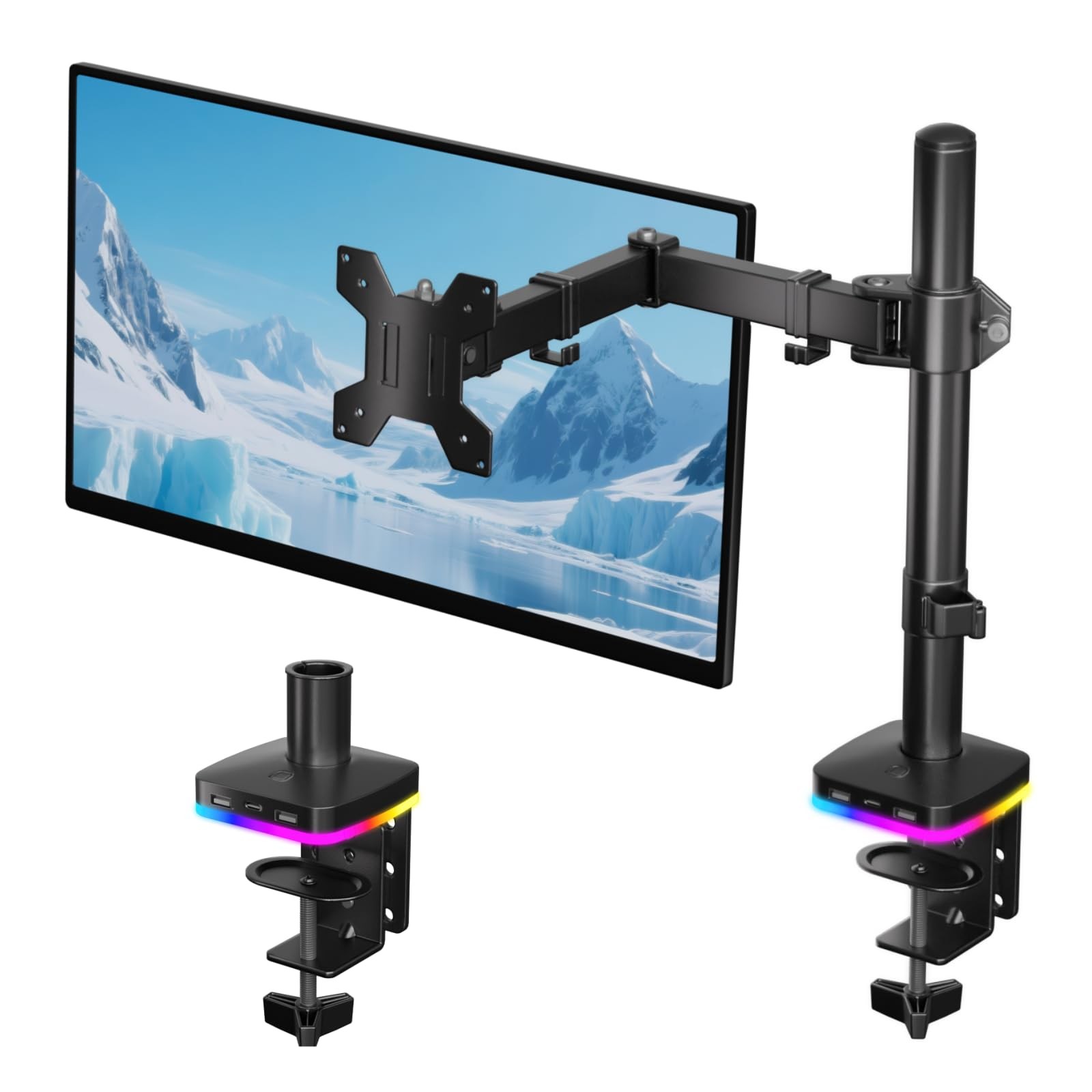 Afaloona RGB Monitor Arm with USB Hub, Single Stand for 13-27 Inch Screens, 1