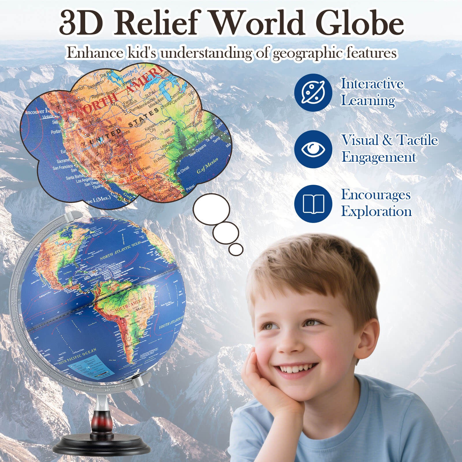 12" Illuminated World Globe w/Raised Relief LED Lights & Time Zone Non-Slip Base