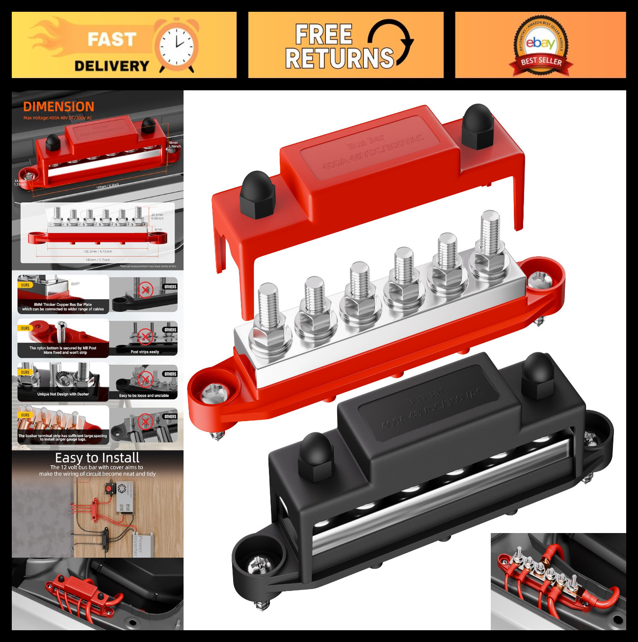 400A 12V Power Distribution Block, 6 Studs, Marine Bus Bar, Copper Terminal for