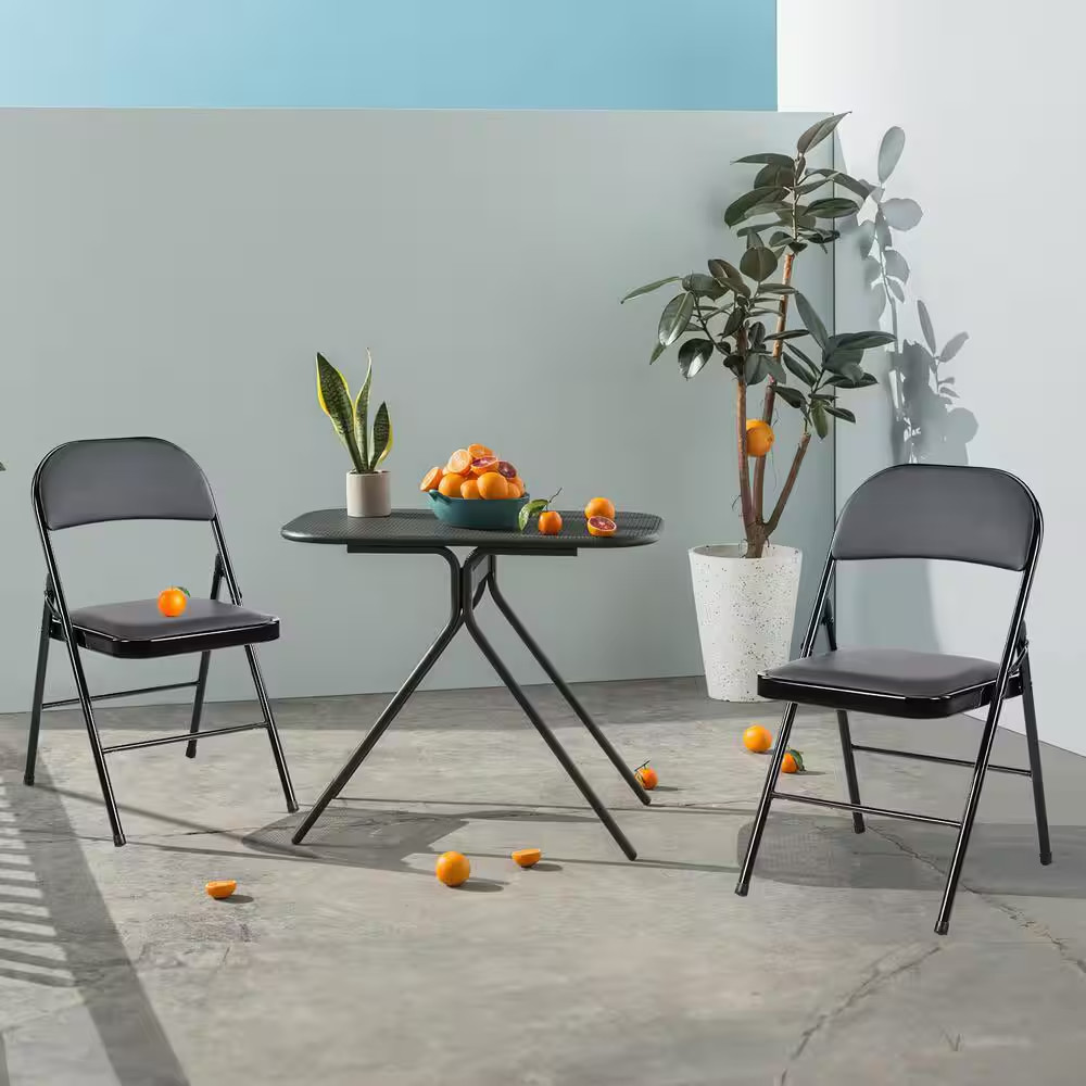 Black Metal Outdoor Lounge Chair with Black Cushions, Leather Padded Folding Cha