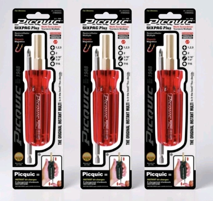 3 Pack Picquic SIXPAC Plus Multi-Bit Screwdriver 6 in. 7 pc