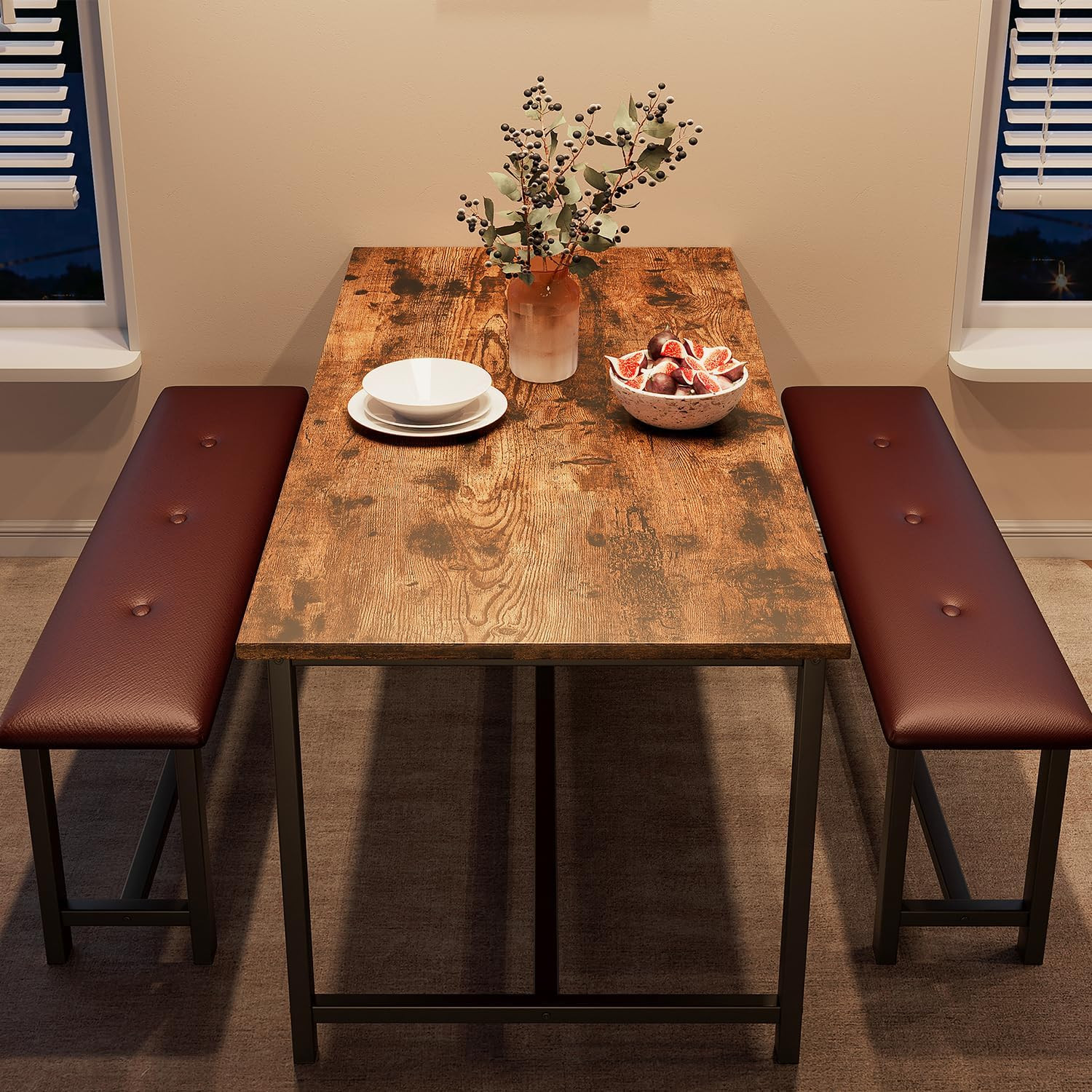 Dining Table Set for 4, Kitchen Table Set for 4 with Upholstered Benches, Rectan
