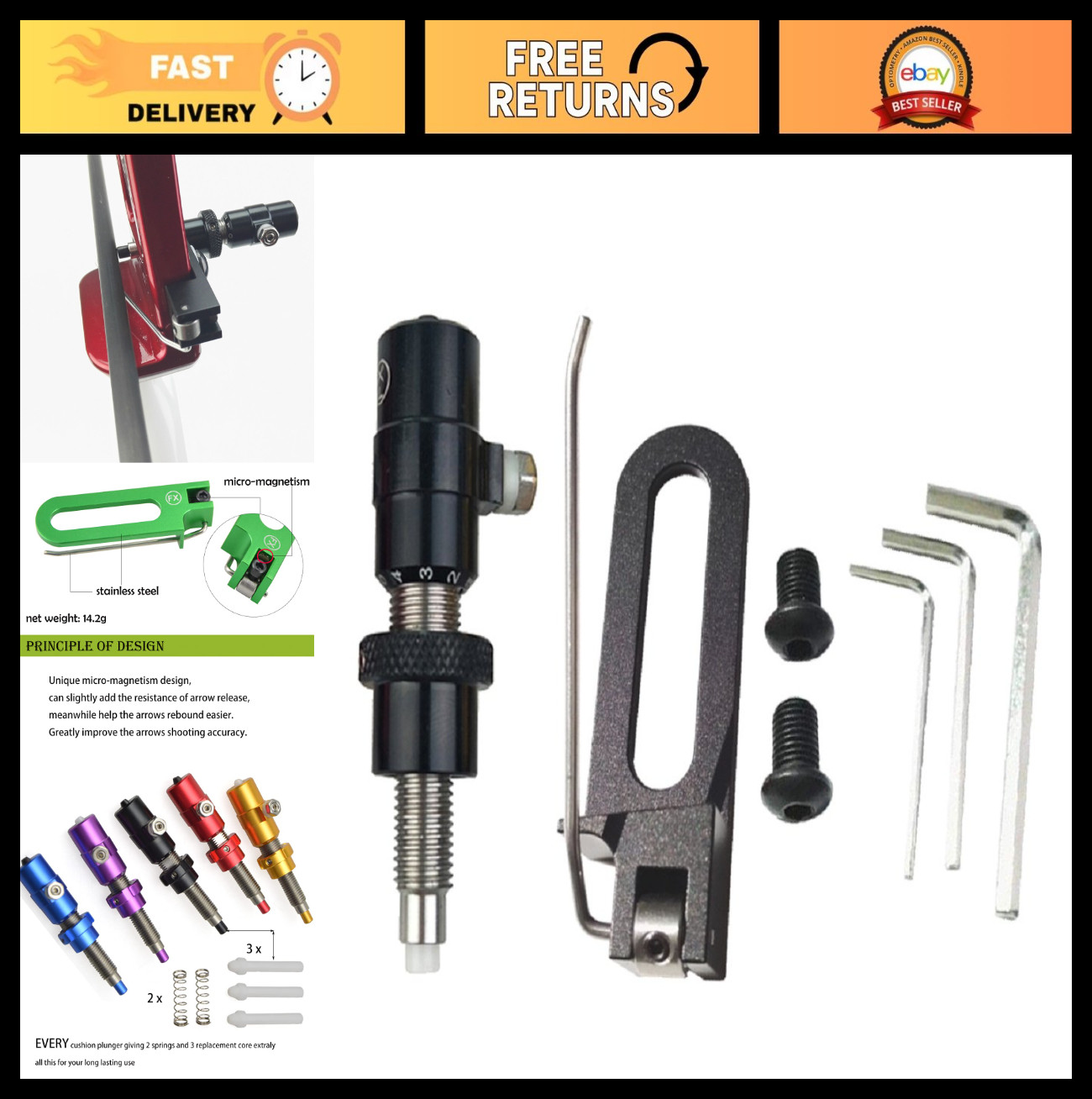 Magnetic Arrow Rest & Cushion Plunger Set for Recurve Bow - Left/Right Hand, Met