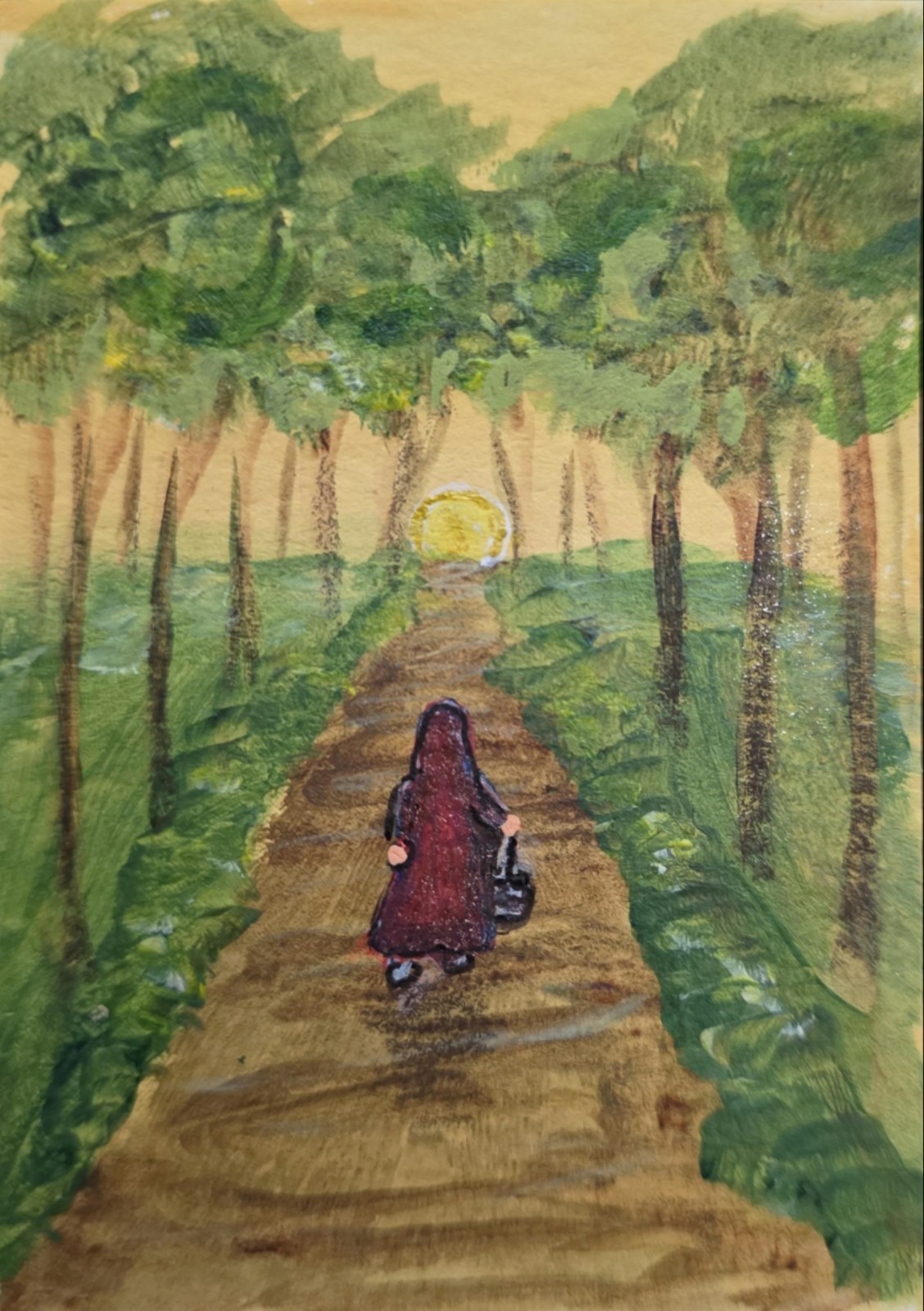 ACEO Original Girl in Red Hood on Forest Path Red Riding Hood Golden Hour