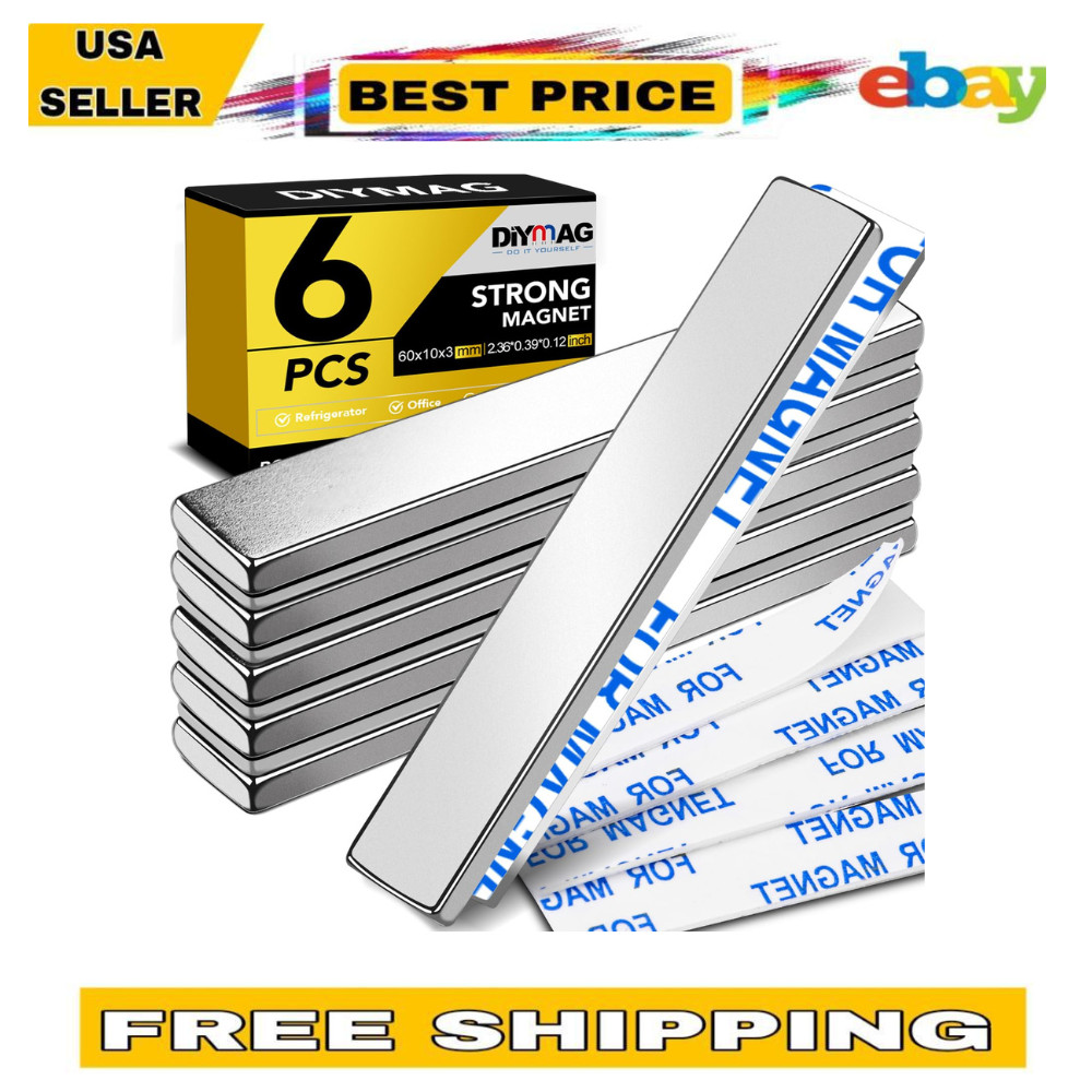 DIYMAG Neodymium Bar Magnets with Adhesive, 60x10x3mm, Pack of 6