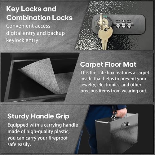Fireproof Lock Box for Documents, Fire Resistant Safe Fire Safe Box with Dual Co