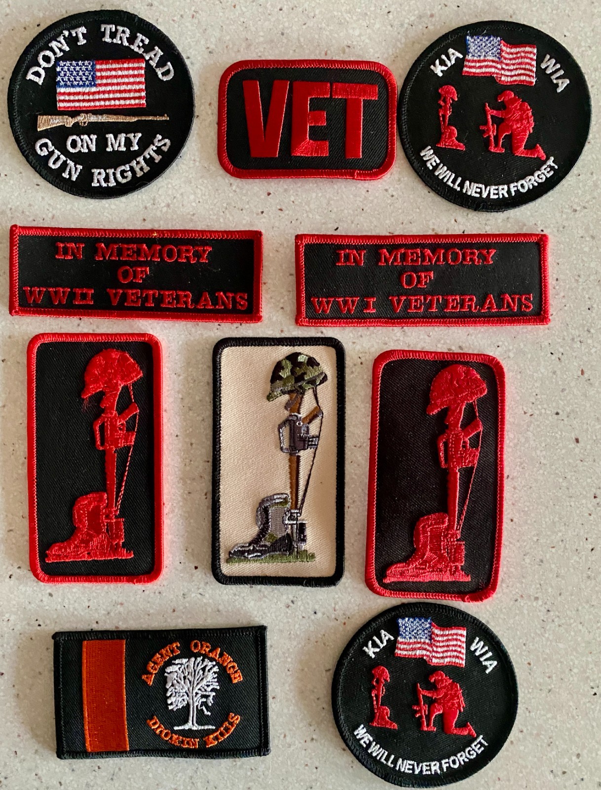 Lot of 10 Biker Military Patches Vietnam Veteran Memoriam Embroidered Red Black
