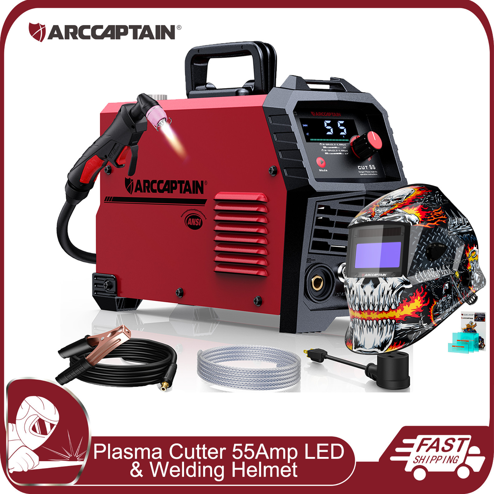 ARCCAPTAIN 55Amp Non-Touch Pilot Arc Plasma Cutter LED Display + Welding Helmet