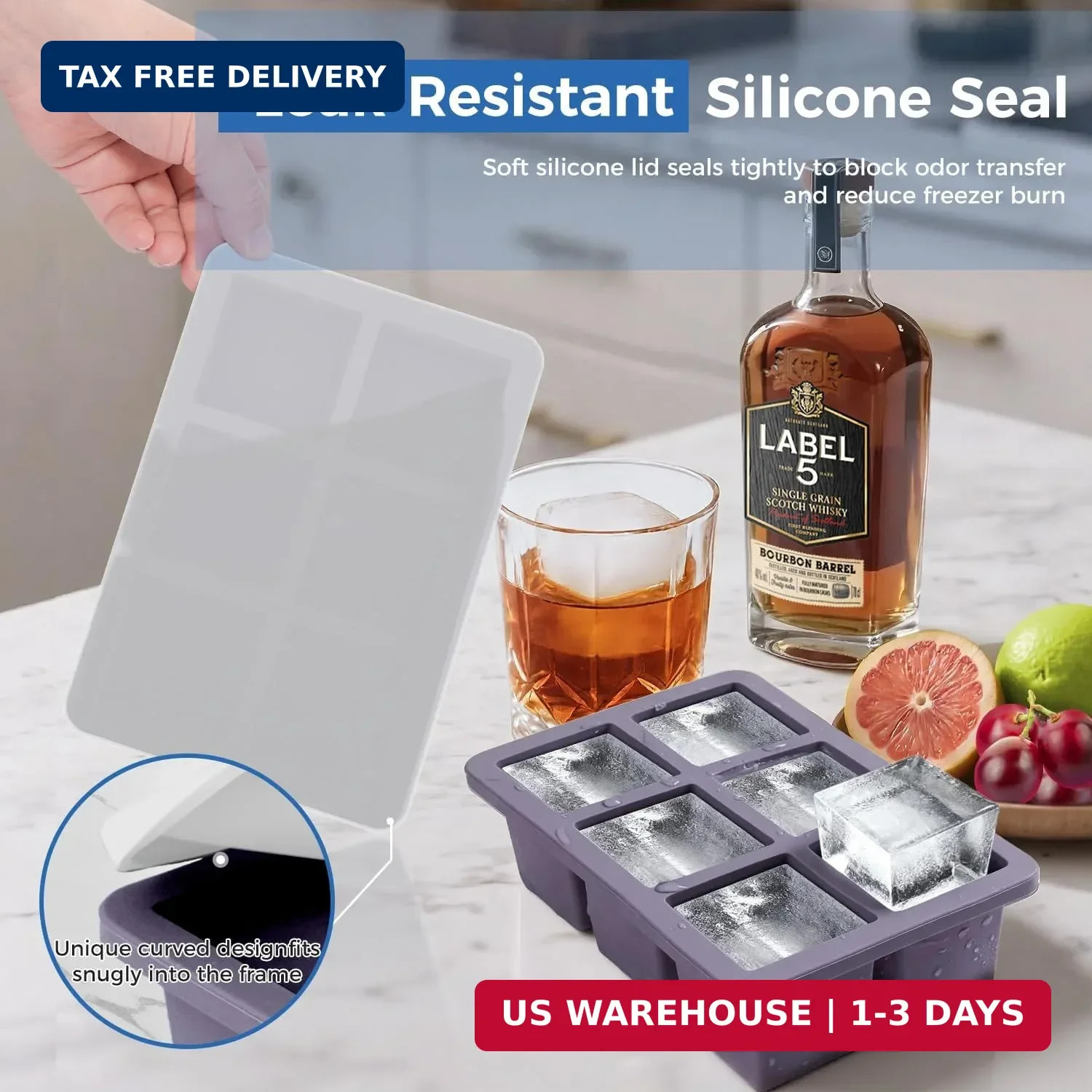 Large Silicone Ice Cube Trays with Lids, 2 Pack, Makes 2-Inch Cubes | Ea