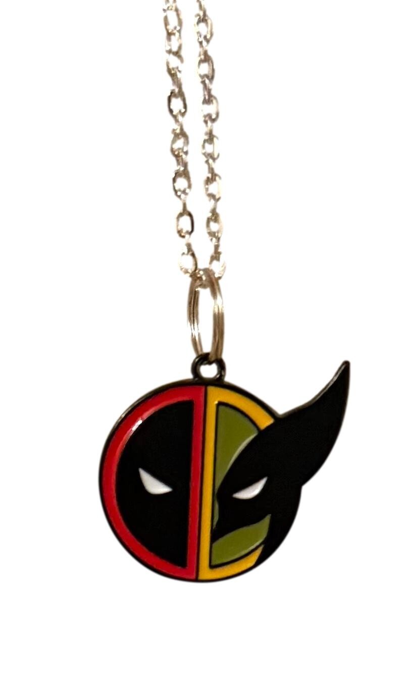 Deadpool Wolverine Split Face Necklace Enamel Metal Pendant in Small Velvet Bag