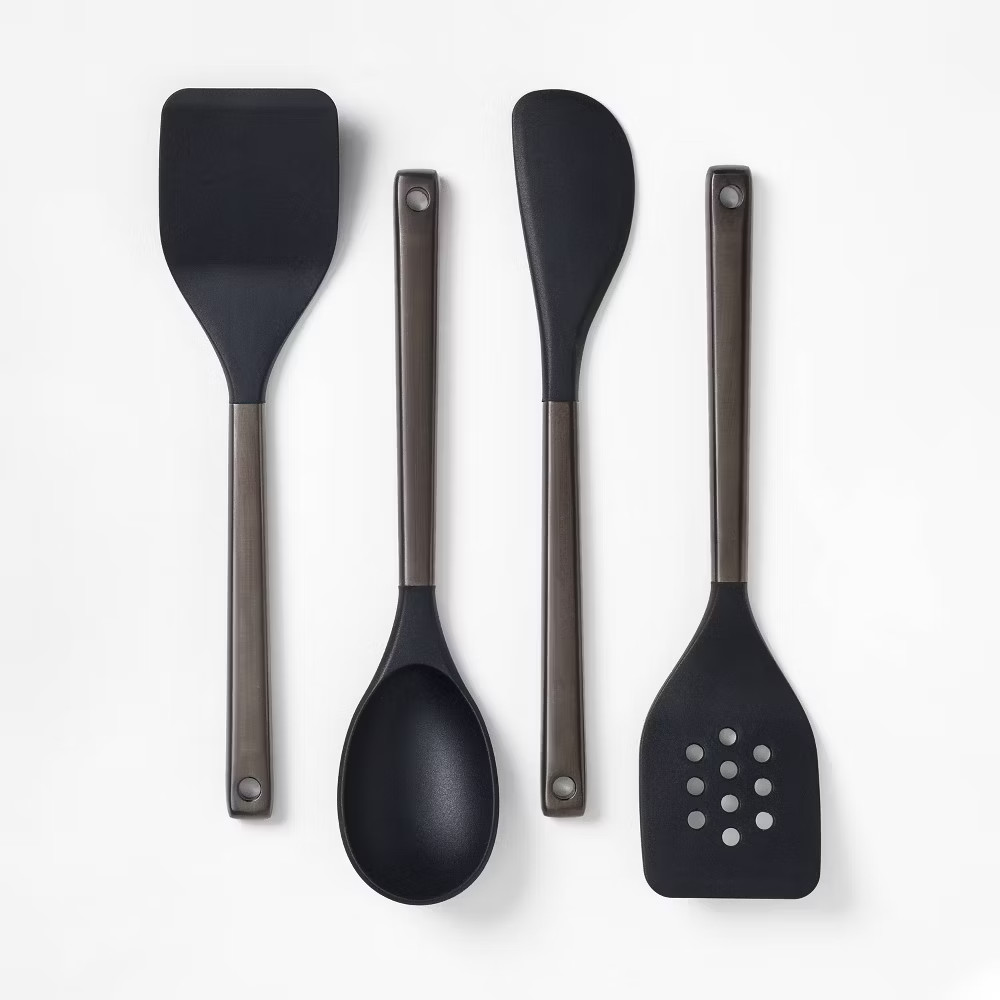 4pc Silicone/Stainless Steel Kitchen Utensil Set Matte Black - Figmint