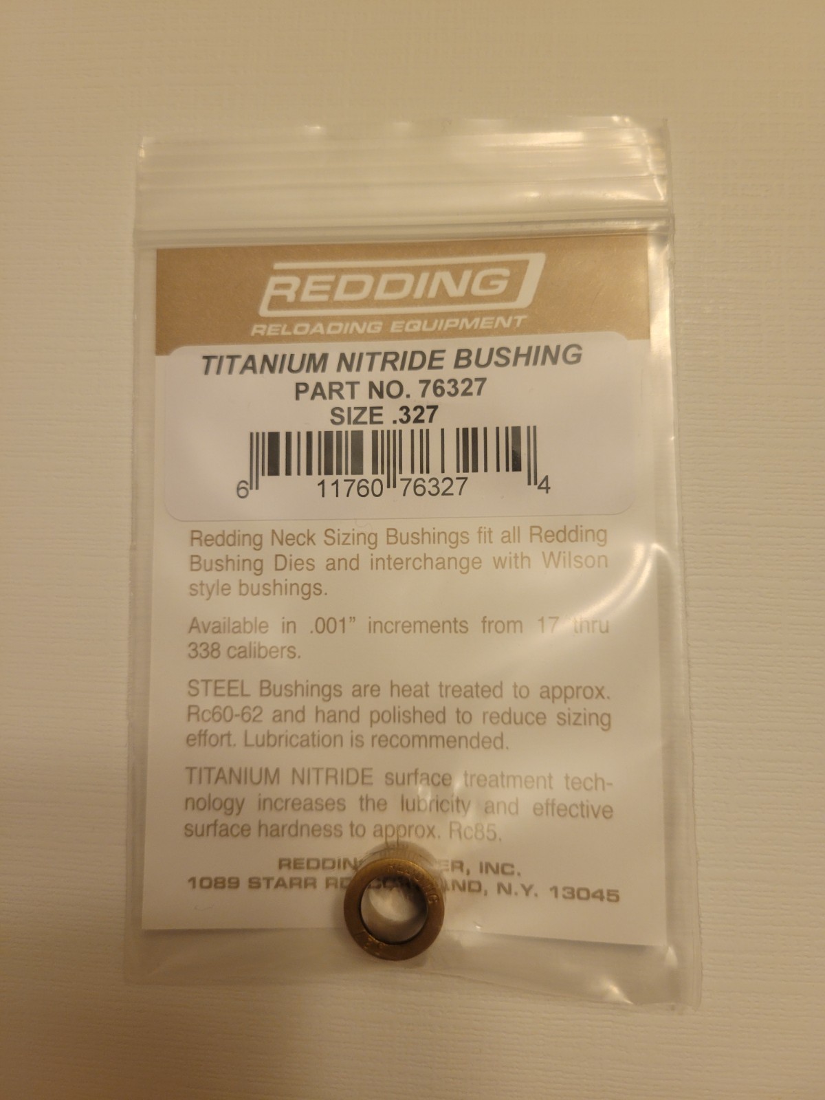 76327 REDDING TITANIUM NITRIDE .327 NECK SIZE BUSHING - BRAND NEW - FREE SHIP