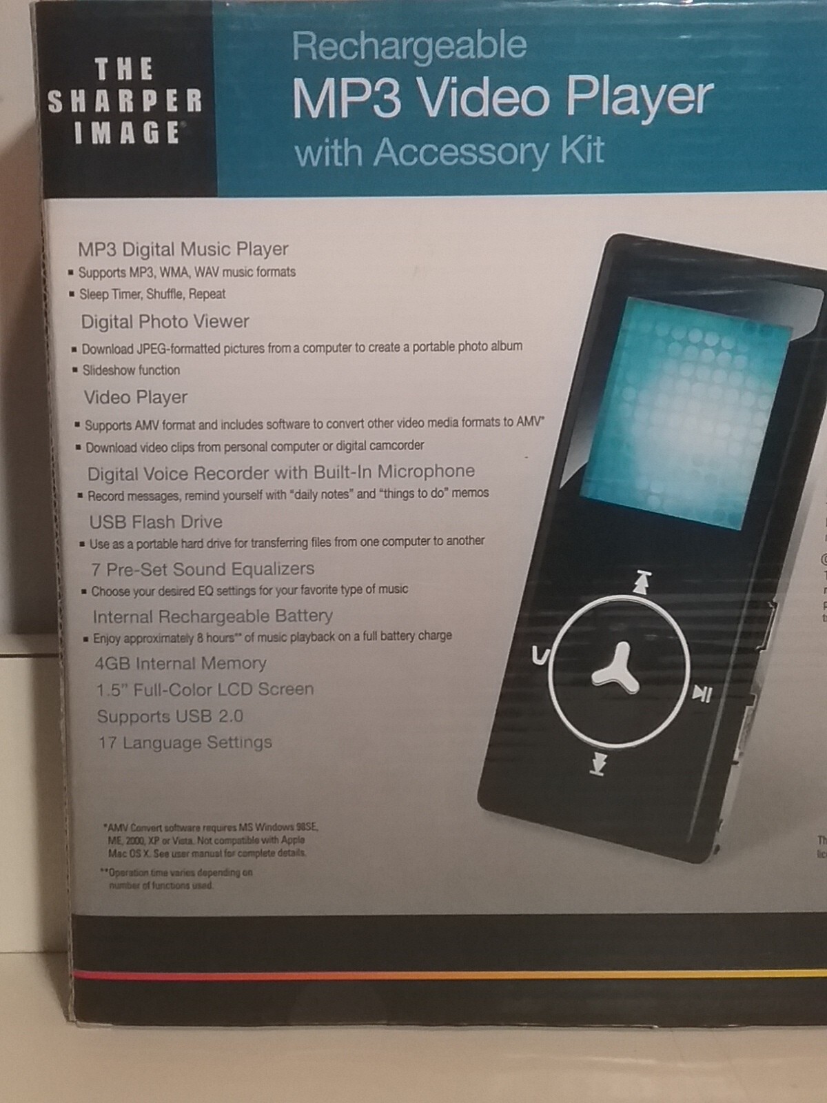 NIB: MP3 Video Player: Sharper Image: Accessory Kit: 4GB
