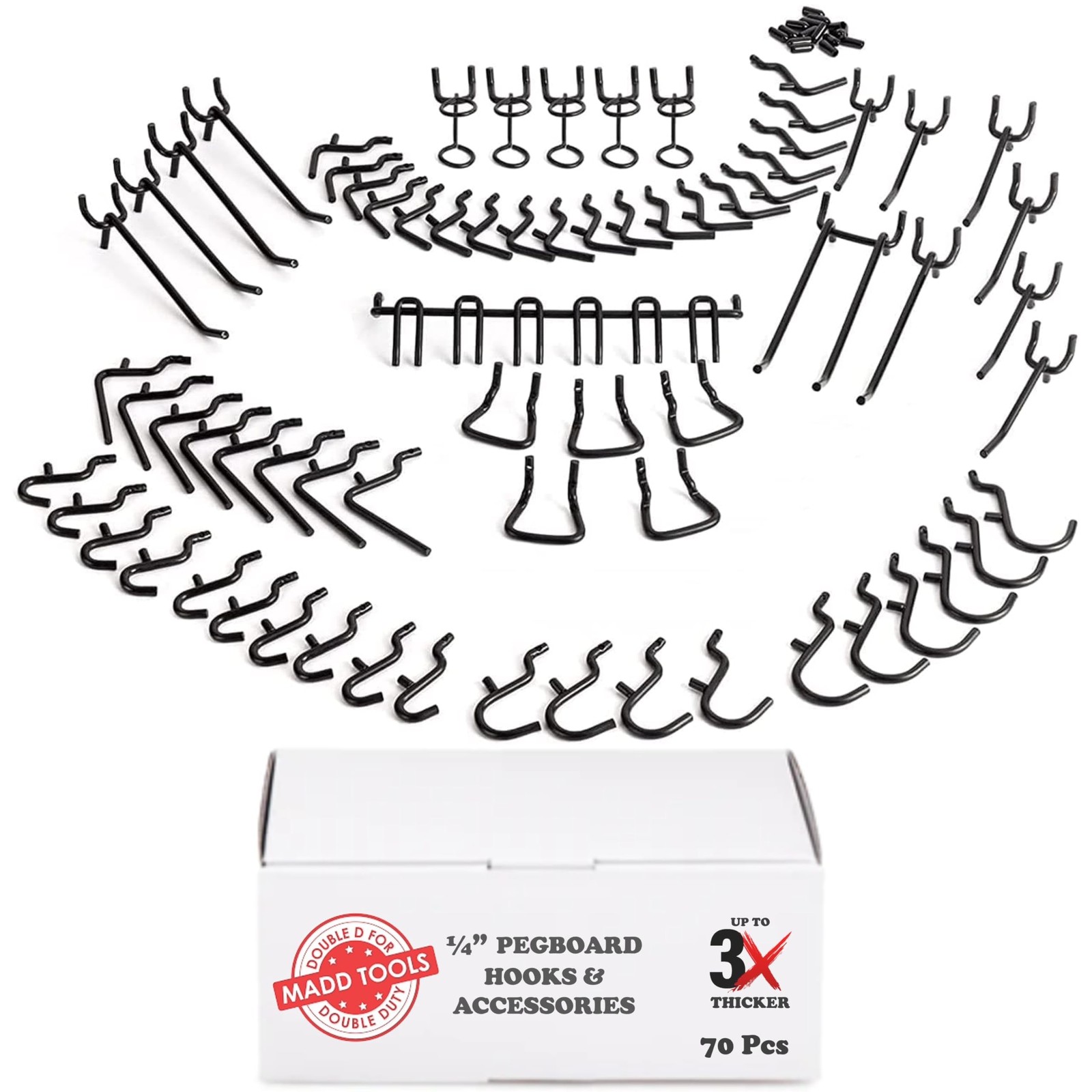 Extra Thick Black 1/4'' Pegboard Hooks for Hanging Tools, Set of 70 Pieces 1/...