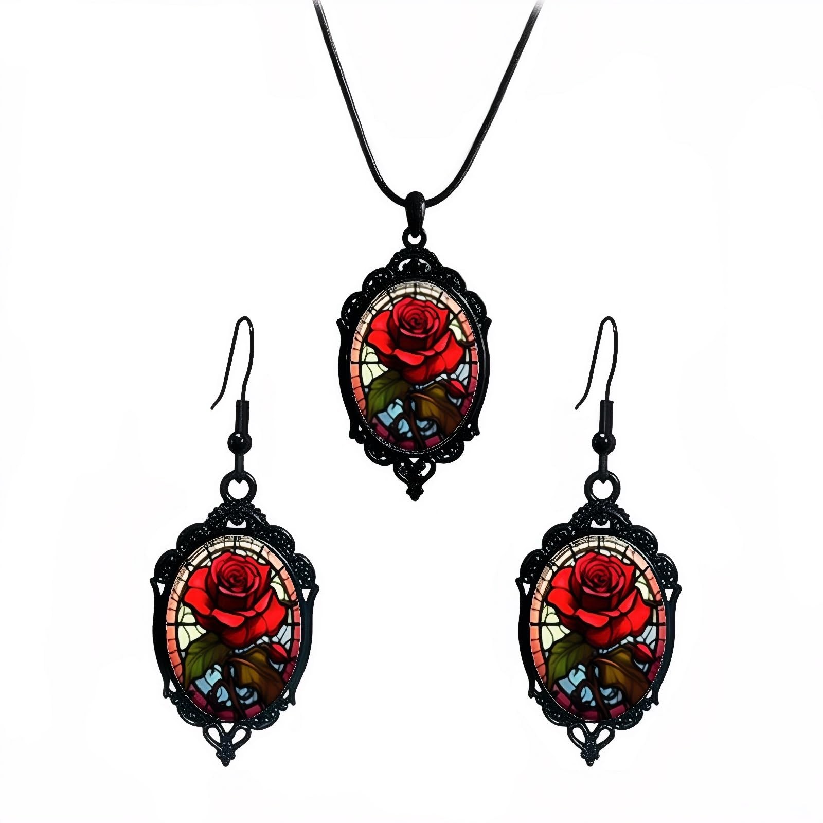 Gift for Mom Gothic Rose Necklace Earrings Set Crystal Glass Black Jewelry