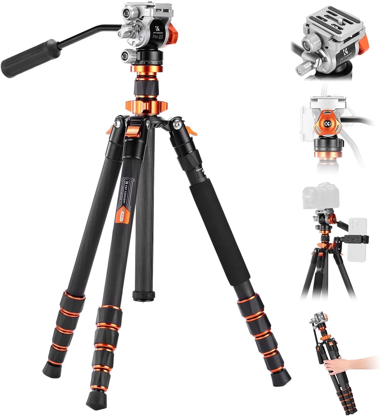 K&F CONCEPT 68" Carbon Fiber Tripod Video Tripod w/ Fluid Head Load Capacity 8kg