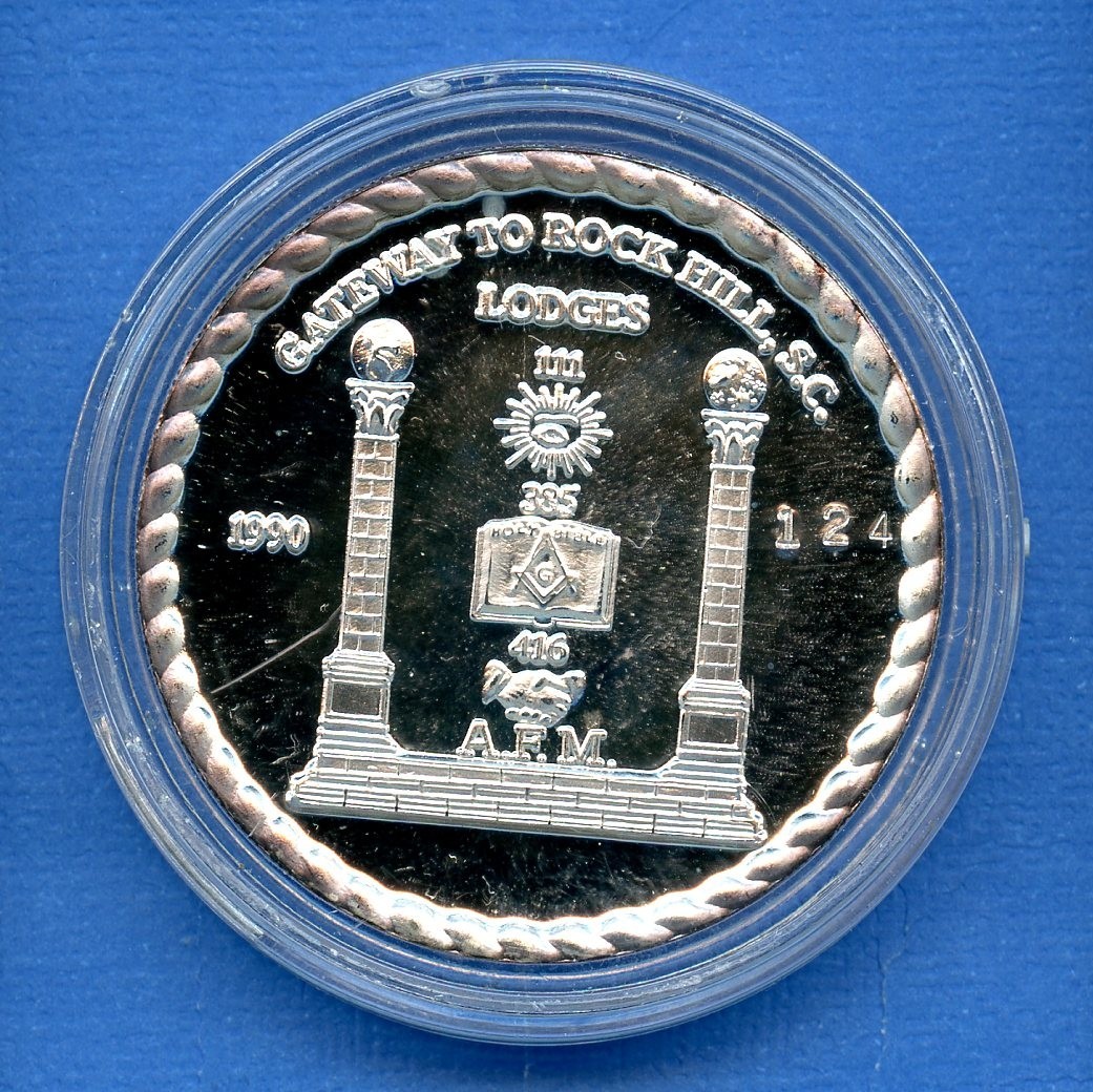 1990 Rock Hill, South Carolina Masonic Lodge Silver 37.7g Proof Coin in Case